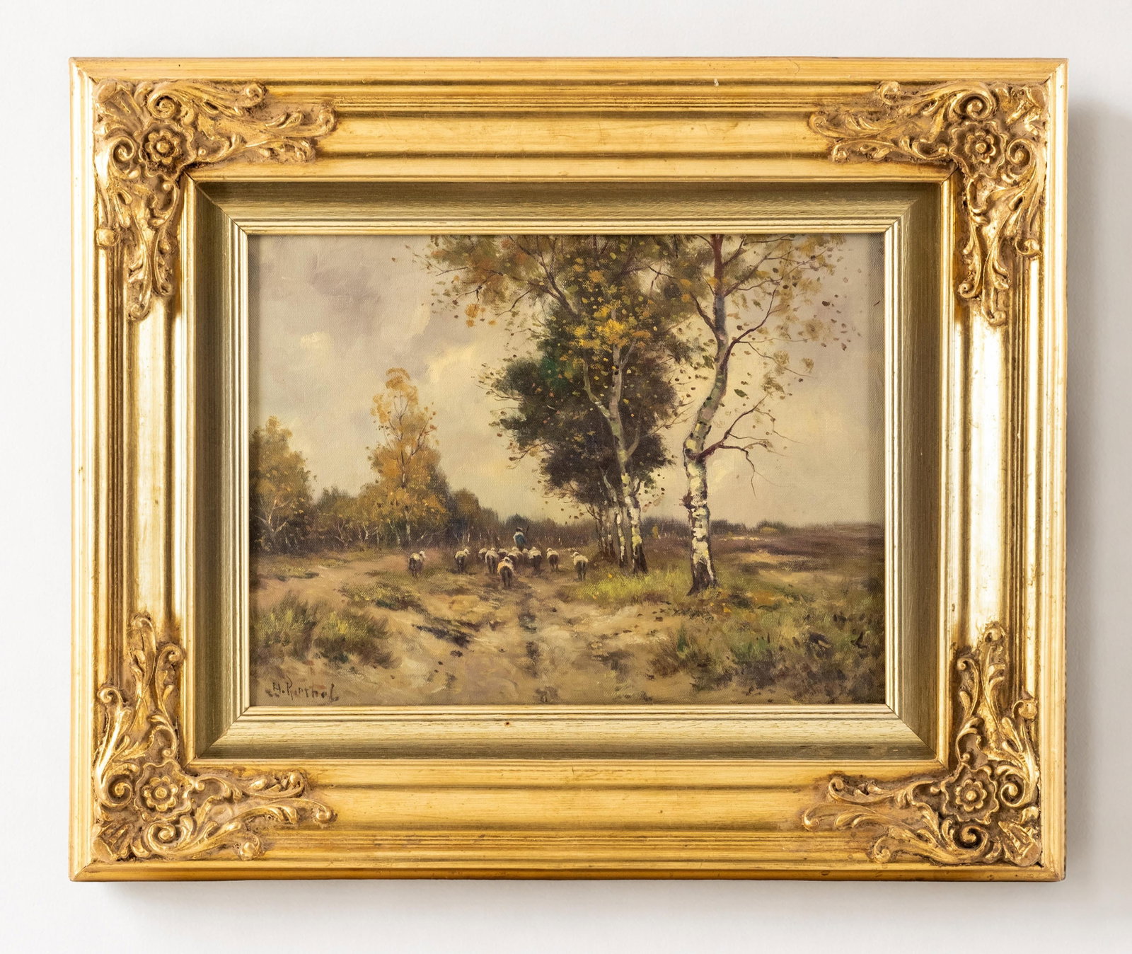 Signed Pastoral Landscape with Shepherd and Sheep, Oil on Canvas Painting: Keywords: NO RESERVE, Impressionism, Barbizon School, 19th Century Style, Realism Movement, European School, Naturalist, countryside, livestock, sheep, farming Summary: Pastoral landscape depicting a 
