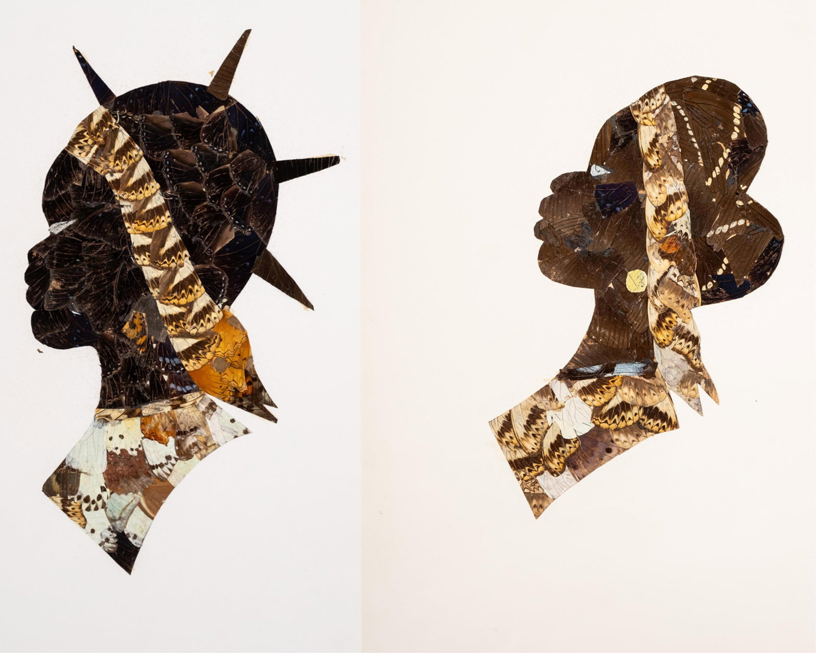 Vintage Central African Republic Butterfly Wing Collage: Keywords: NO RESERVE, African American, hand-crafted, natural materials, silhouette art, exotic decor, unique wall art, traditional African craft, insect wings, artisanal designs, decorative panels, c