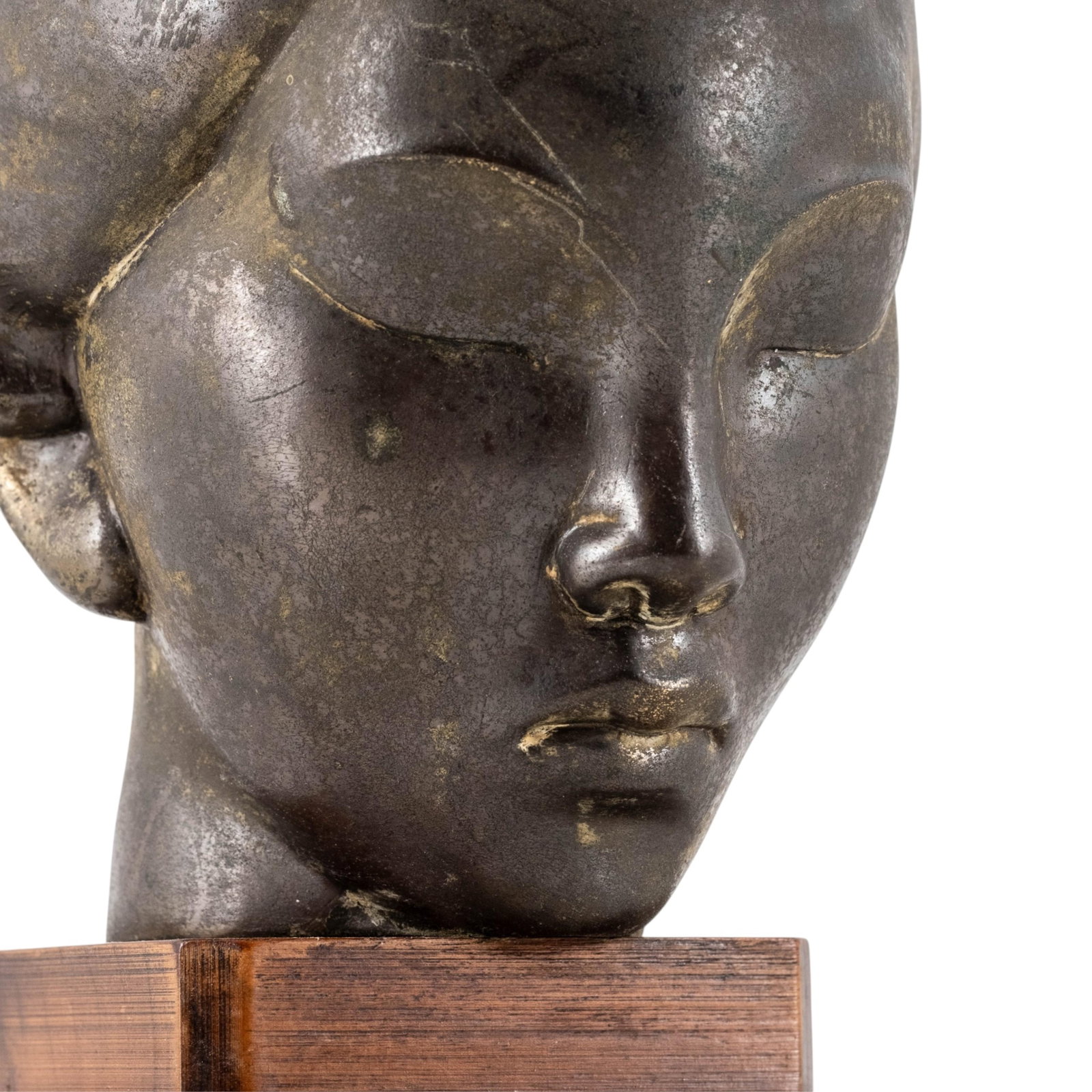 No Reserve- Modernist Female Head Sculpture On Wood Base - 2