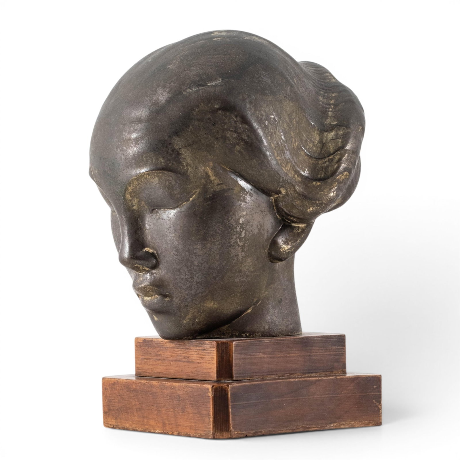 No Reserve- Modernist Female Head Sculpture On Wood Base - 4