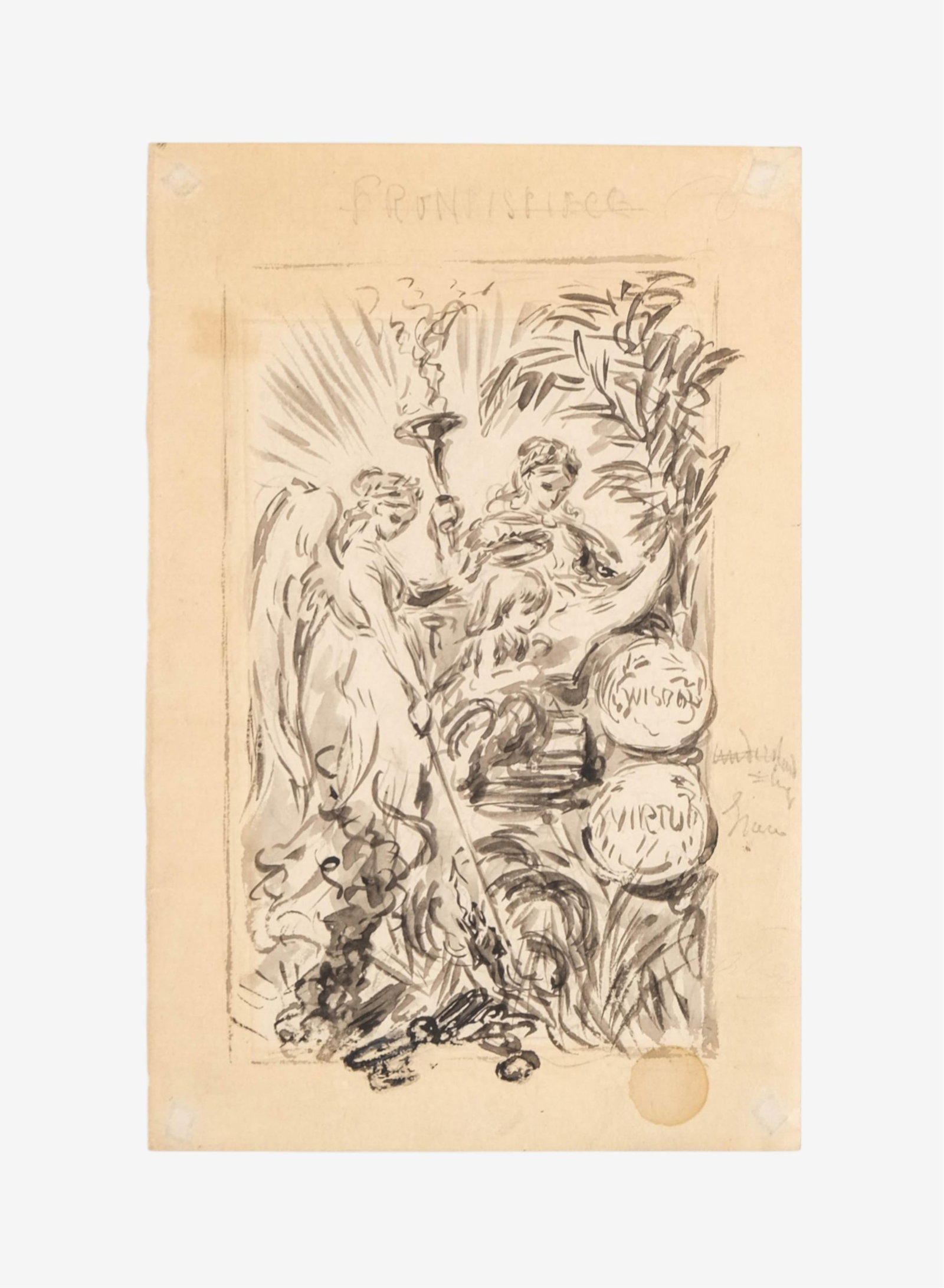 No Reserve- 19th-Century French Ink and Wash Painting on Paper, Allegory of Wisdom and Virtue - 2