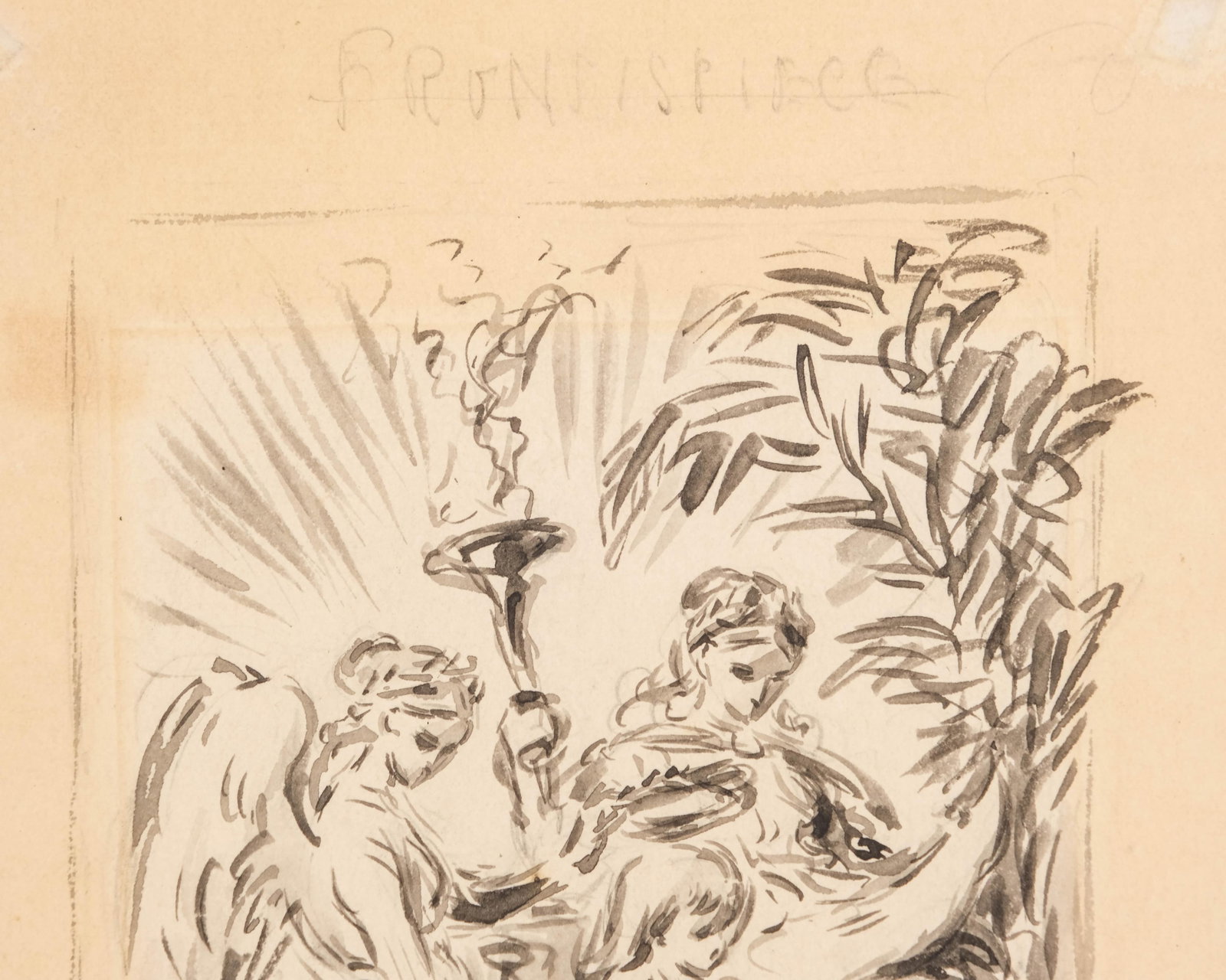 No Reserve- 19th-Century French Ink and Wash Painting on Paper, Allegory of Wisdom and Virtue - 3