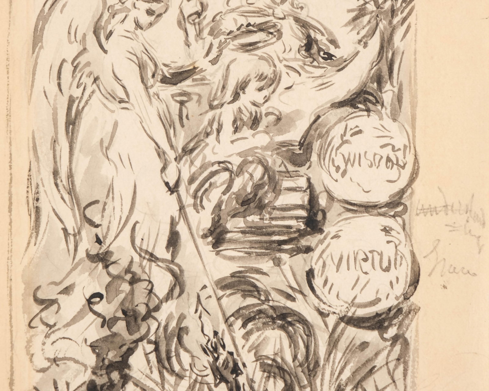 No Reserve- 19th-Century French Ink and Wash Painting on Paper, Allegory of Wisdom and Virtue - 4