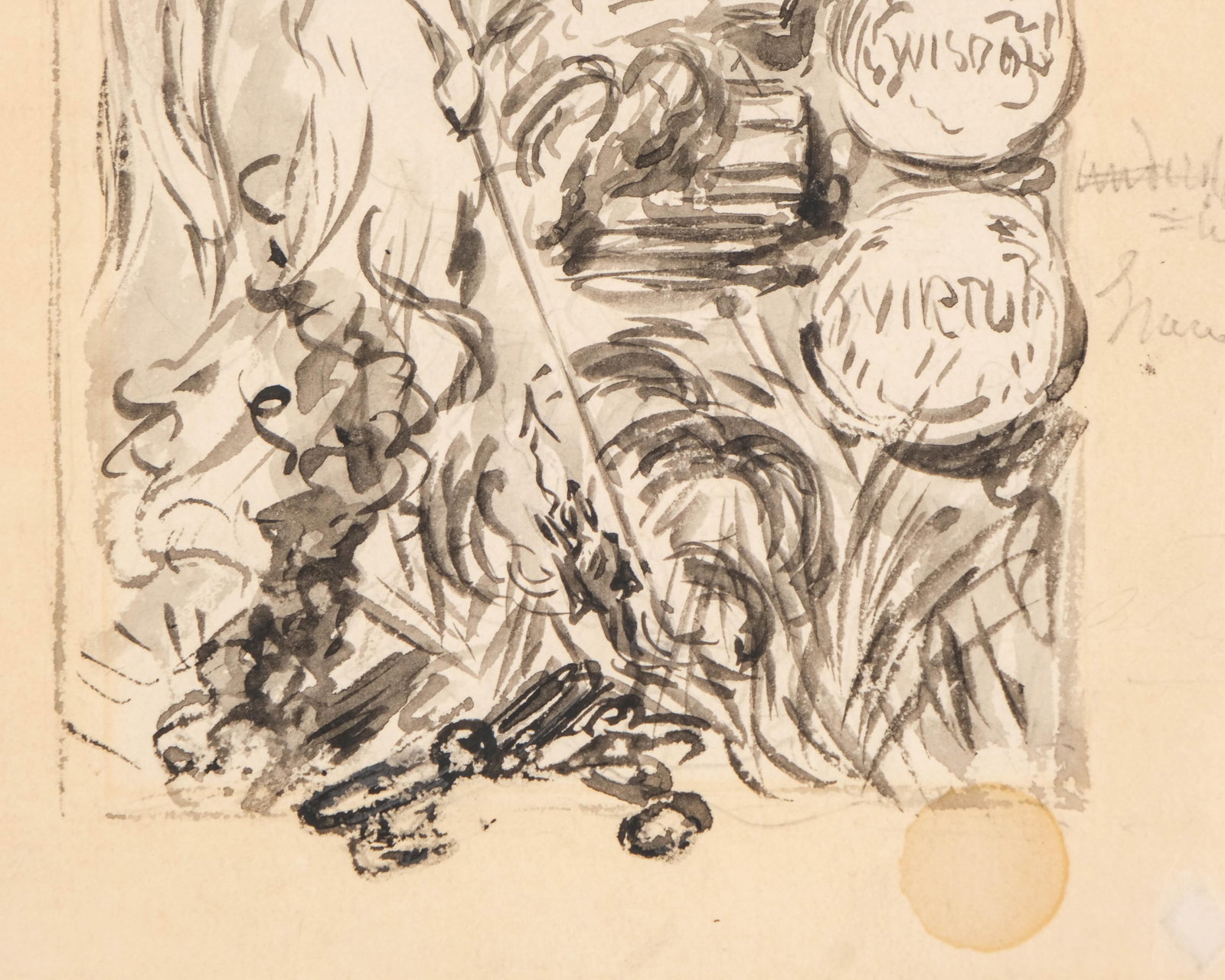 No Reserve- 19th-Century French Ink and Wash Painting on Paper, Allegory of Wisdom and Virtue - 5