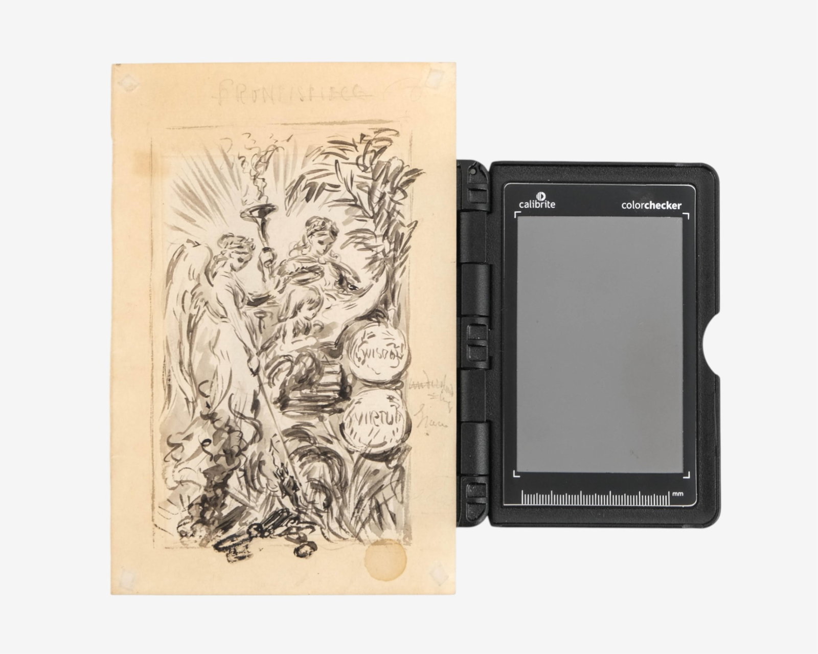 No Reserve- 19th-Century French Ink and Wash Painting on Paper, Allegory of Wisdom and Virtue - 7