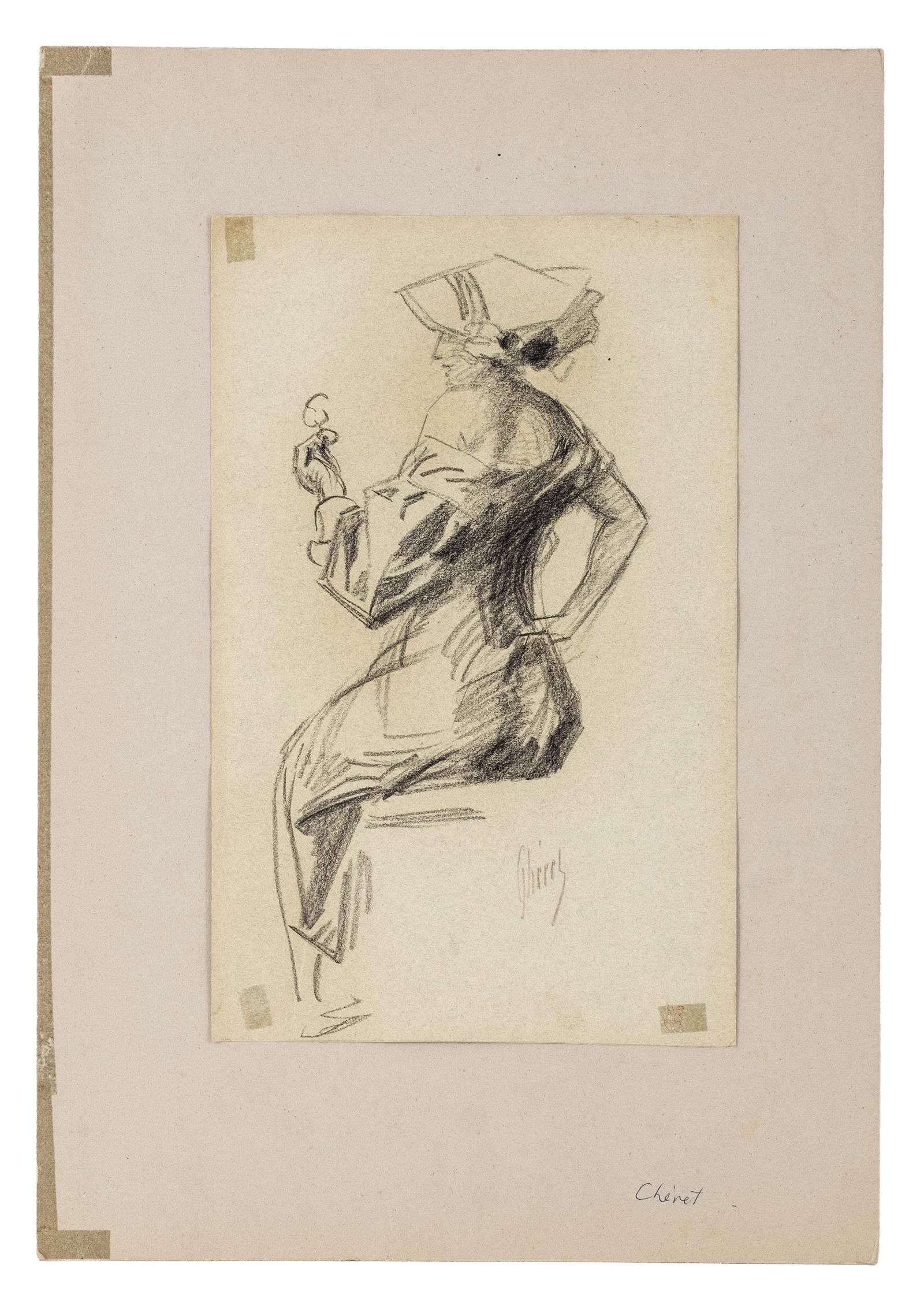 No Reserve- Jules Chéret Art Nouveau Drawing Of A Woman Holding A Figurine, hand Signed - 3