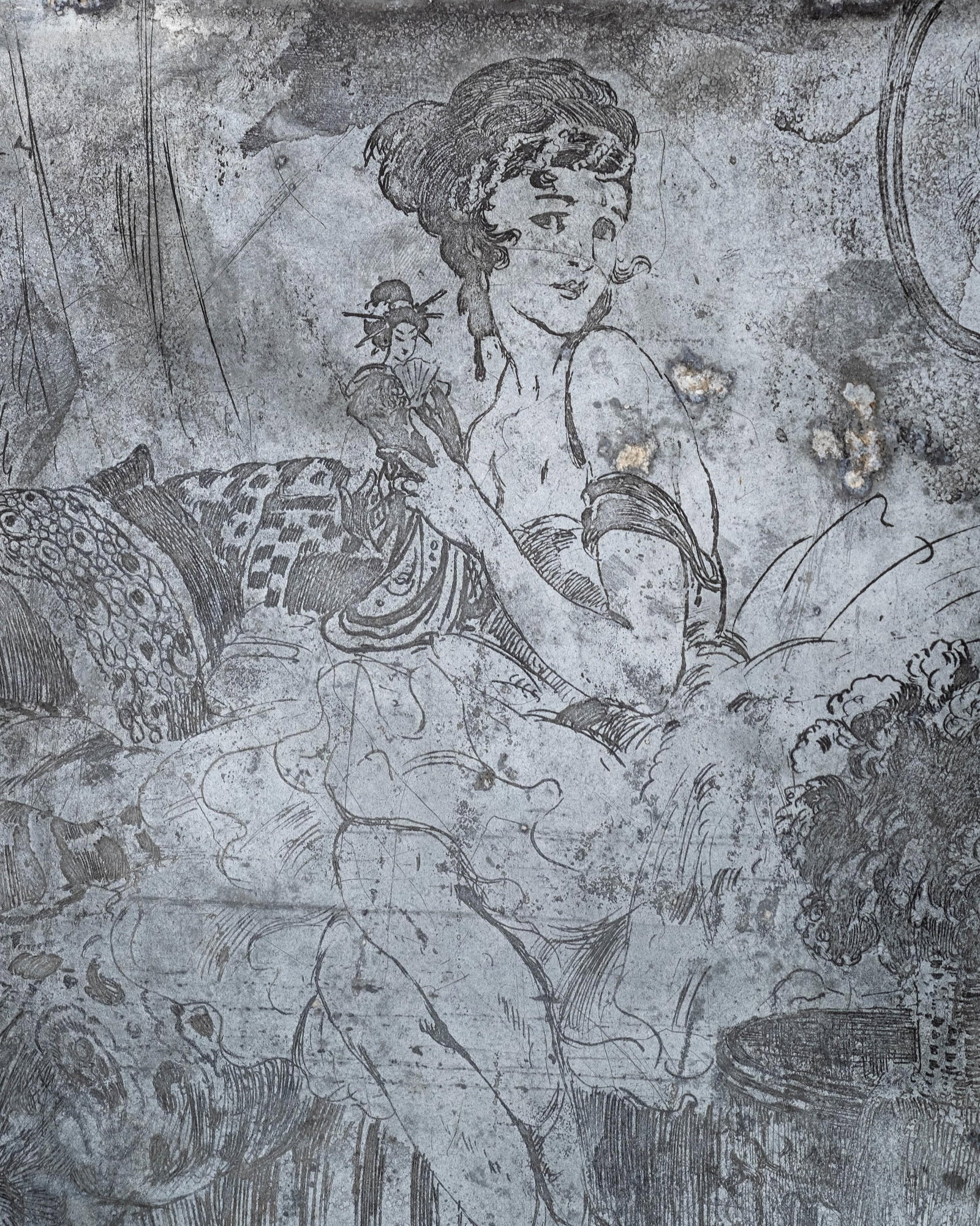 No Reserve- Alfred Stevens Zinc Etching Plate, Reclining Lady, Signed with Monogram “A.S. - 4