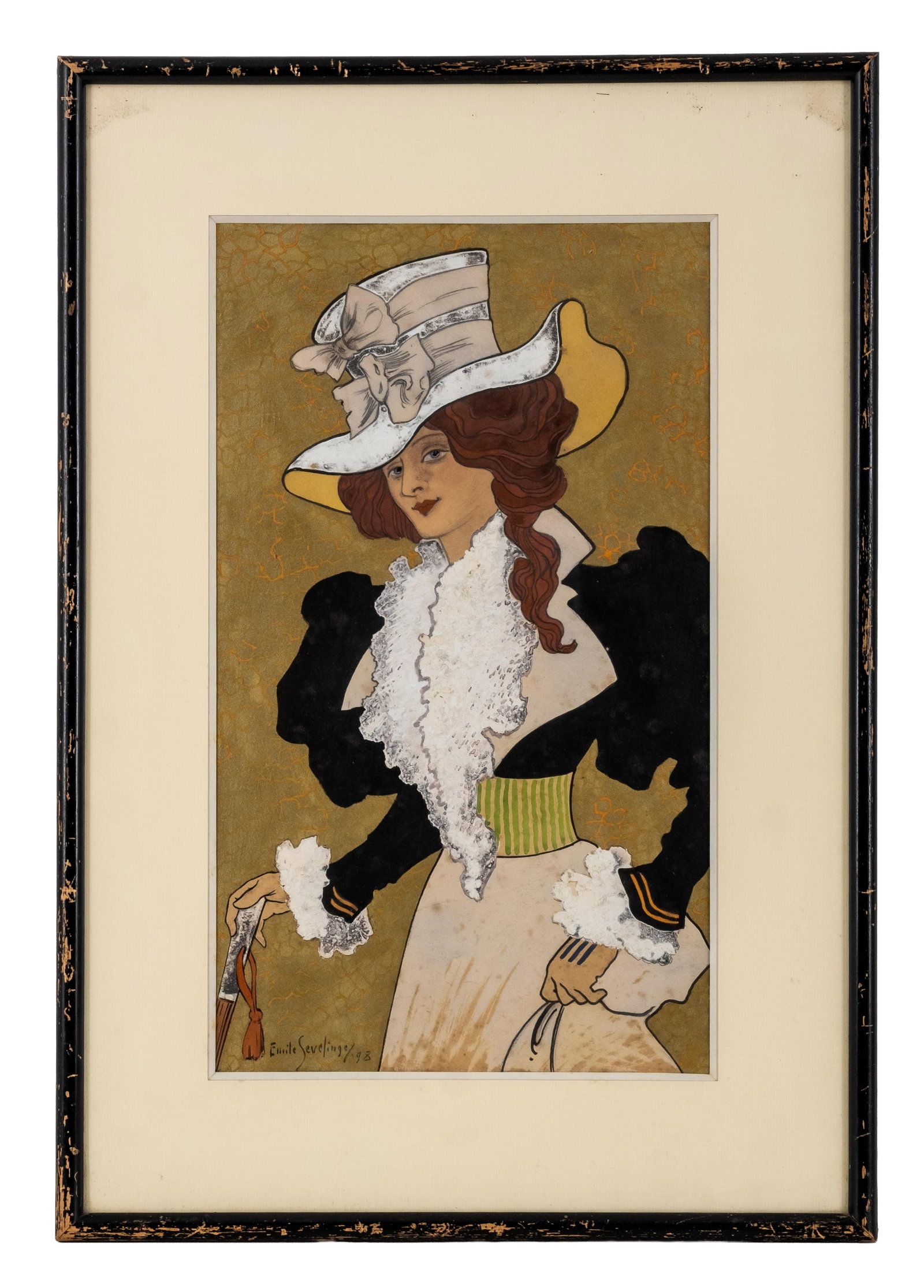 No Reserve- Emile Sevelinge Signed French Art Nouveau Gouache, Indian Ink, Gold Paint on Paper - 3