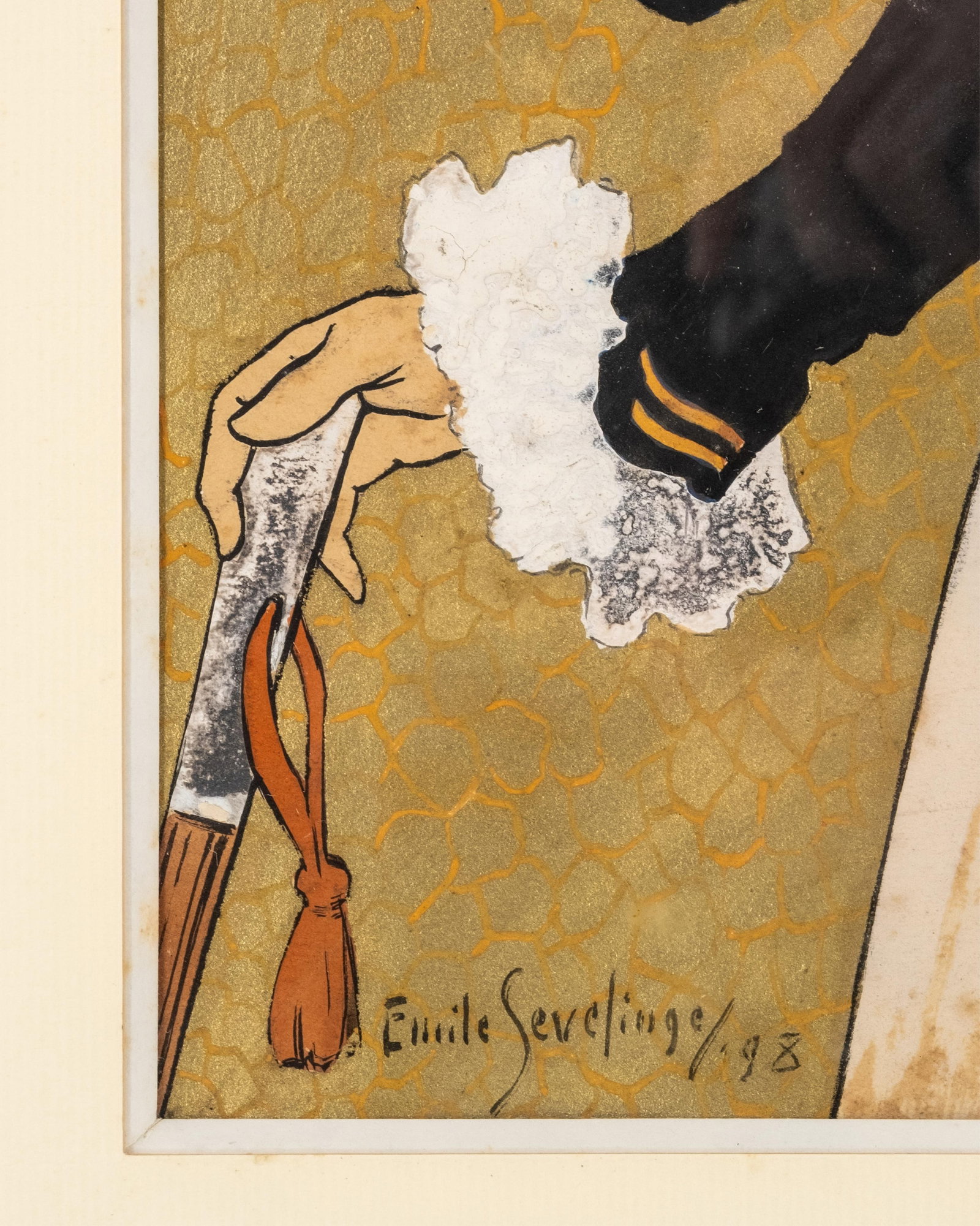 No Reserve- Emile Sevelinge Signed French Art Nouveau Gouache, Indian Ink, Gold Paint on Paper - 4