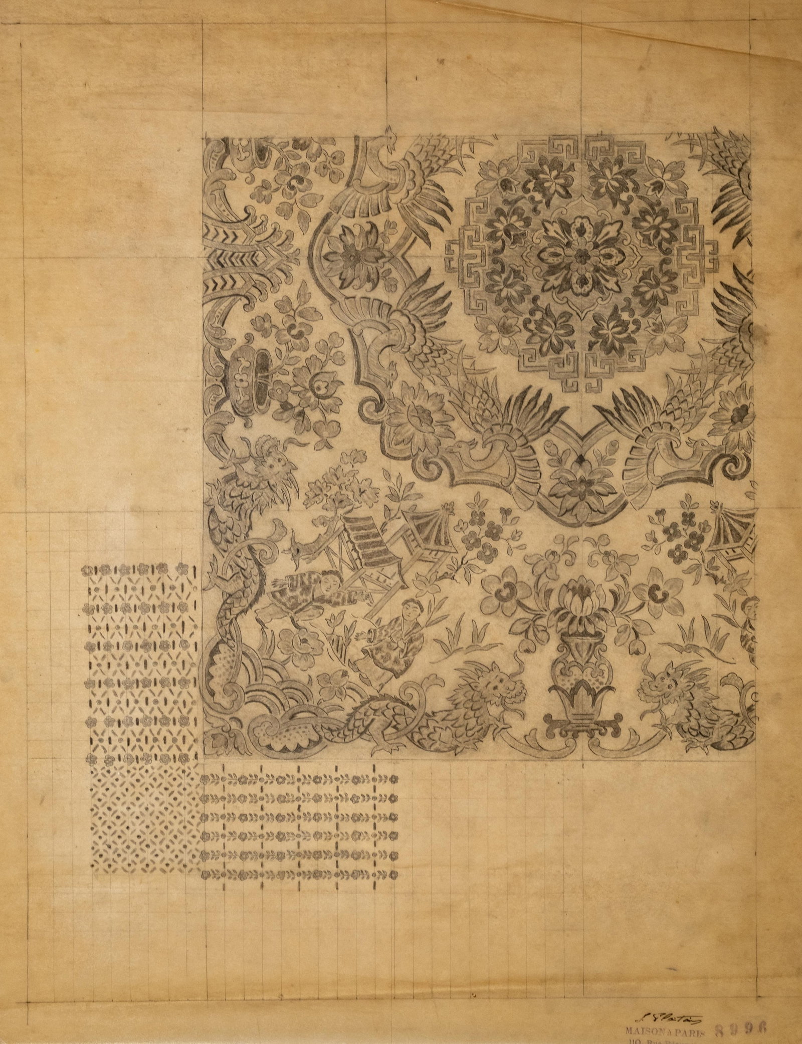 No Reserve- French Chinoiserie Hand drawing Textile Design on Paper, Maison Paris Rue Réaumur - 2