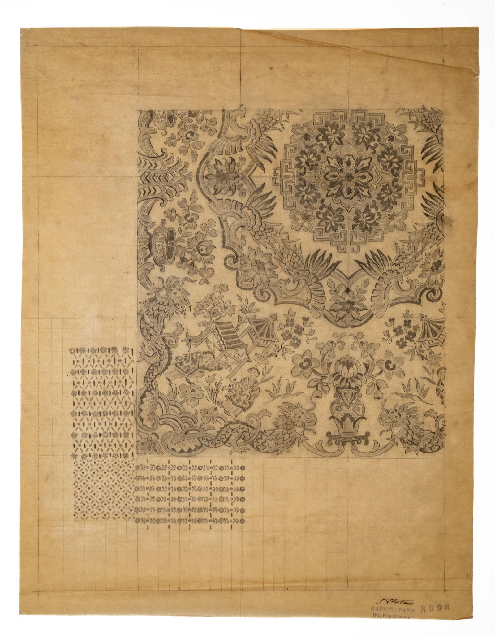 No Reserve- French Chinoiserie Hand drawing Textile Design on Paper, Maison Paris Rue Réaumur - 3