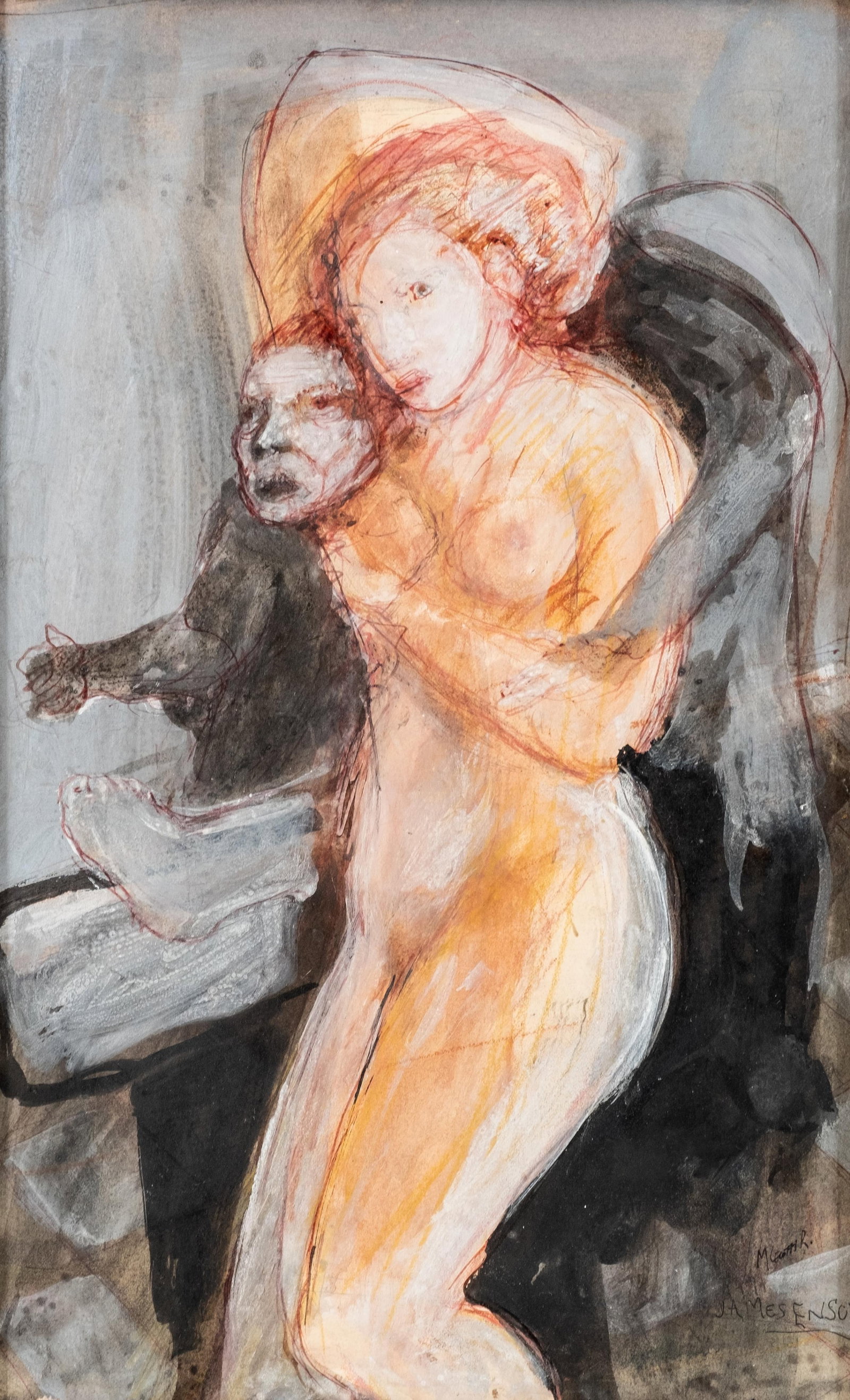 No Reserve- Signed James Ensor Expressionist Figural Watercolor with Pencil and Ink on Paper - 2