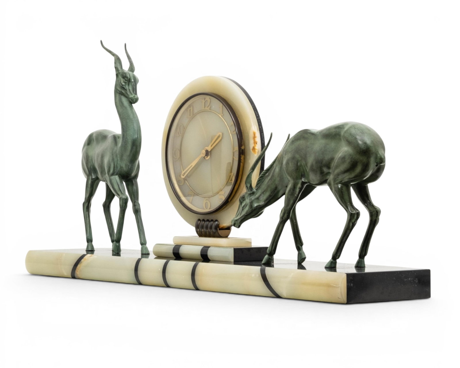 No Reserve- Art Deco Hardstone And Spelter Antelope Mantel Clock - 5