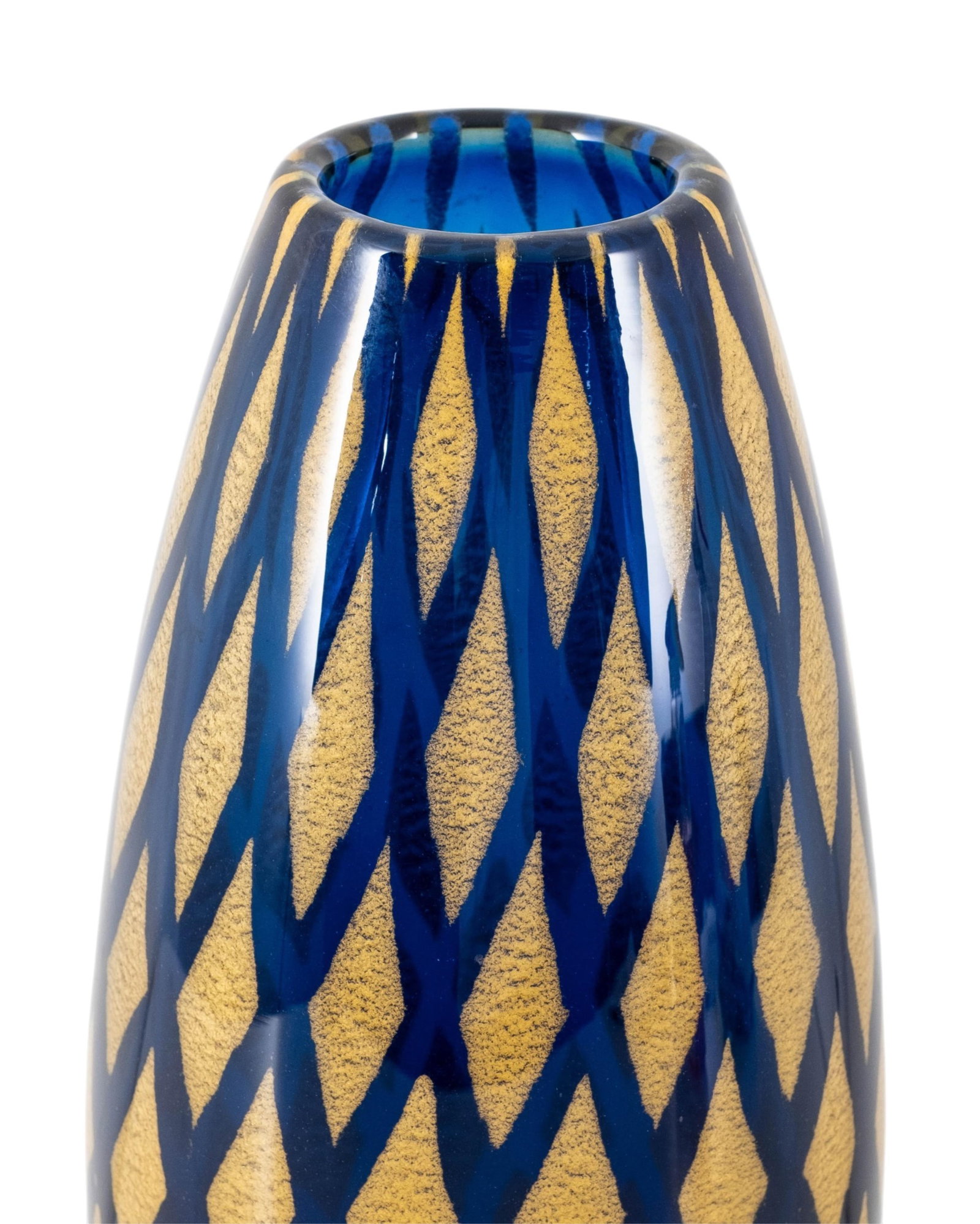 No Reserve- Mid Century Murano Vase Blue And Gold Diamond Pattern Hand Blown Art Glass - 2