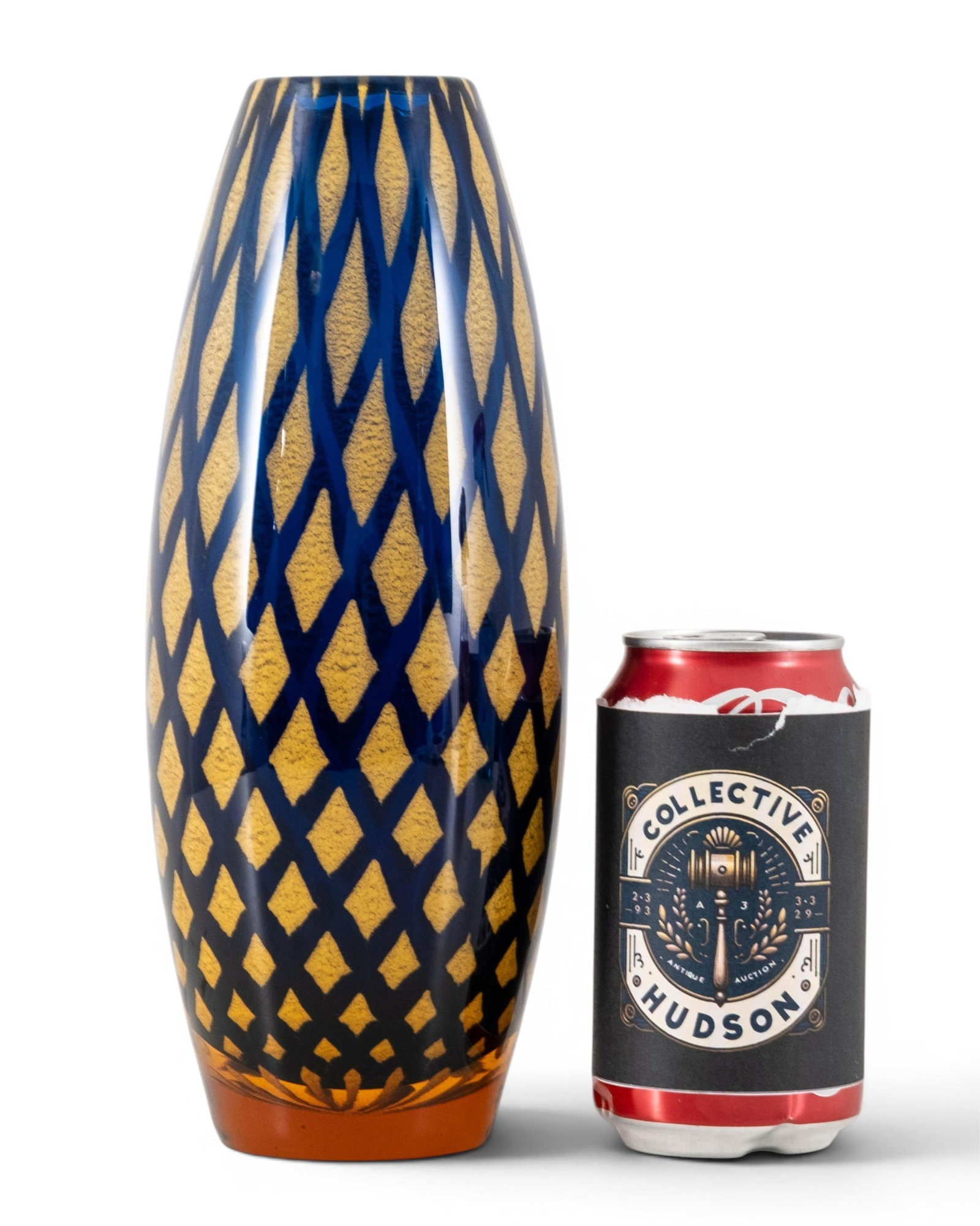 No Reserve- Mid Century Murano Vase Blue And Gold Diamond Pattern Hand Blown Art Glass - 4