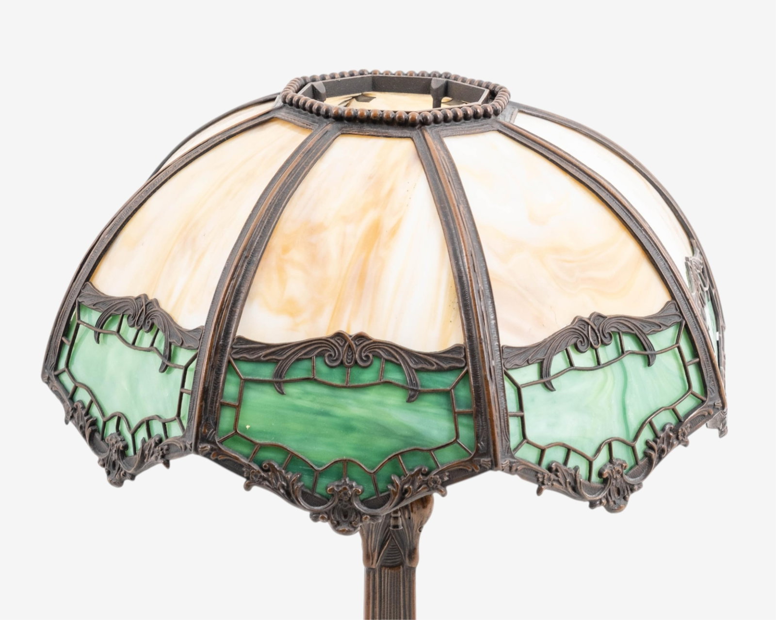 No Reserve- Vintage Art Nouveau Style Bronze Table Lamp with Green and Tan Slag Glass Shade - 2