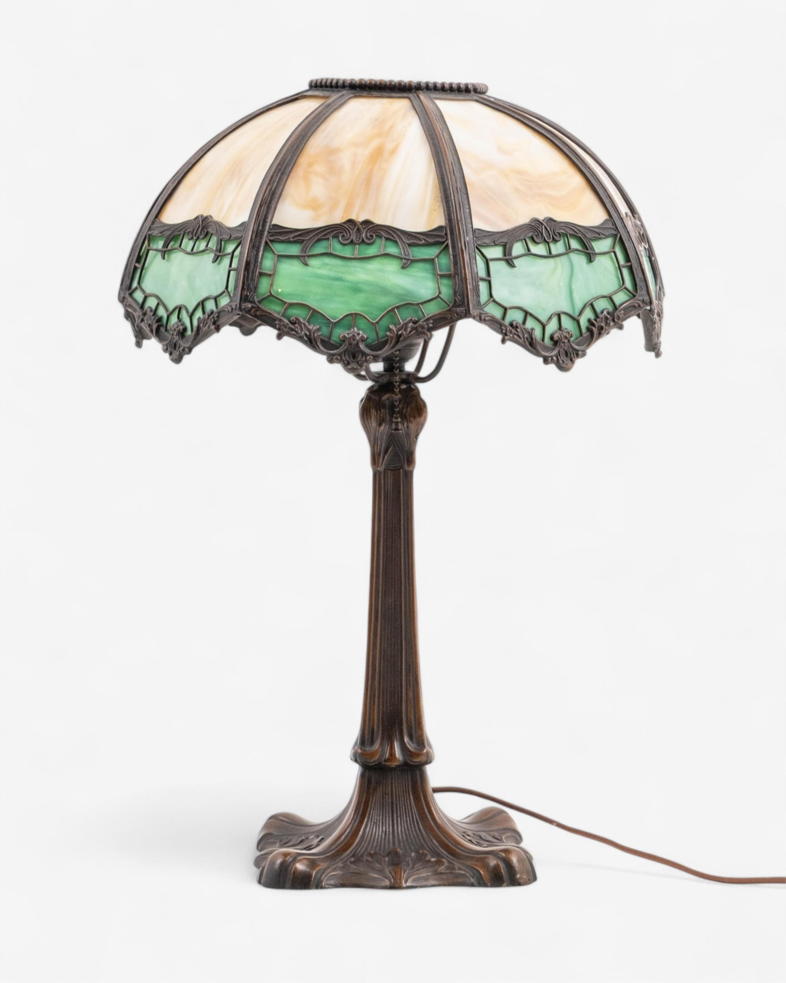 No Reserve- Vintage Art Nouveau Style Bronze Table Lamp with Green and Tan Slag Glass Shade - 3