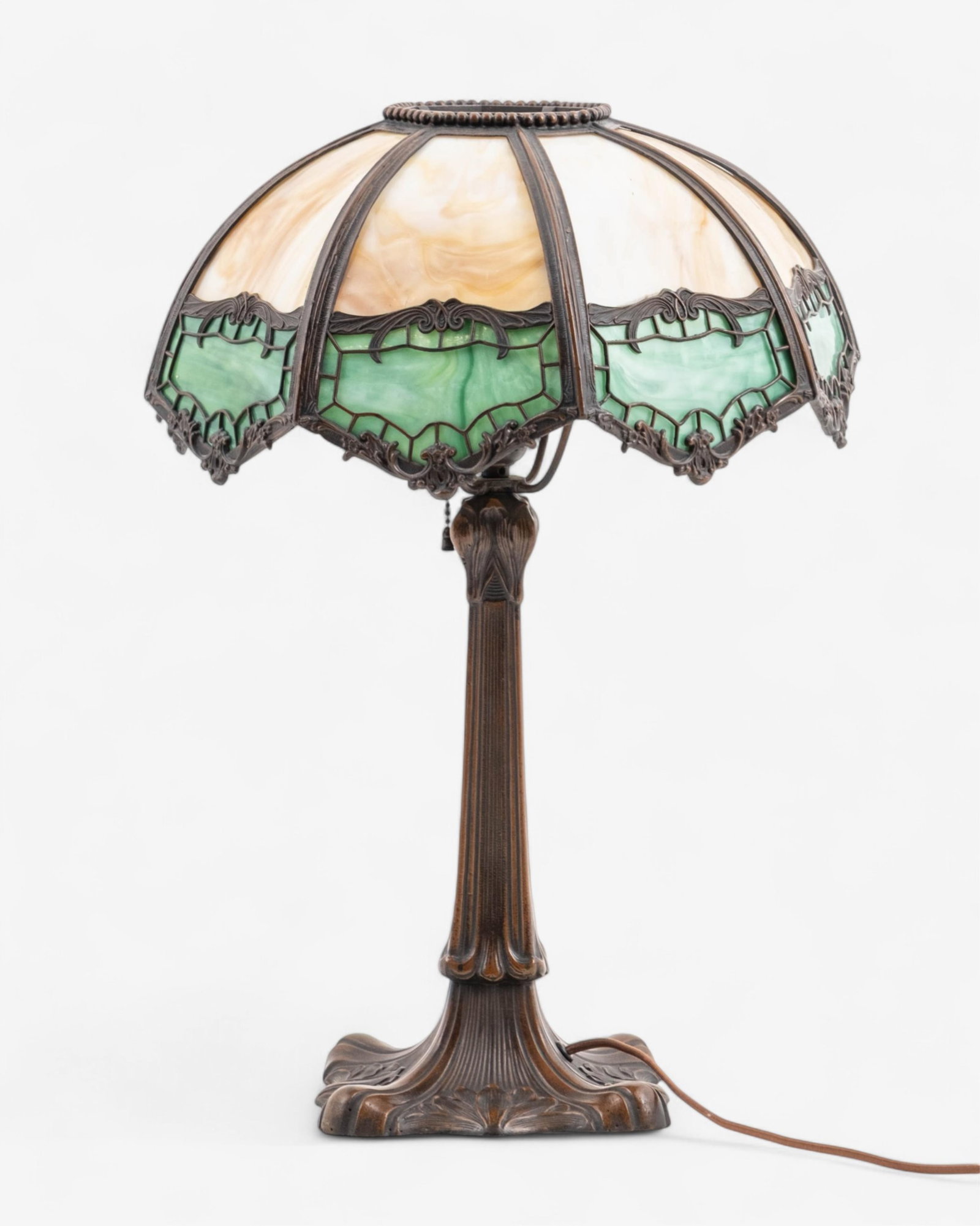 No Reserve- Vintage Art Nouveau Style Bronze Table Lamp with Green and Tan Slag Glass Shade - 9