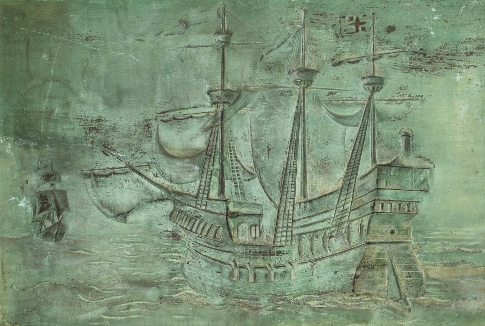 No Reserve- Arts & Crafts Large Hand Formed Patinated Copper Galleon Relief Wall Art - 2