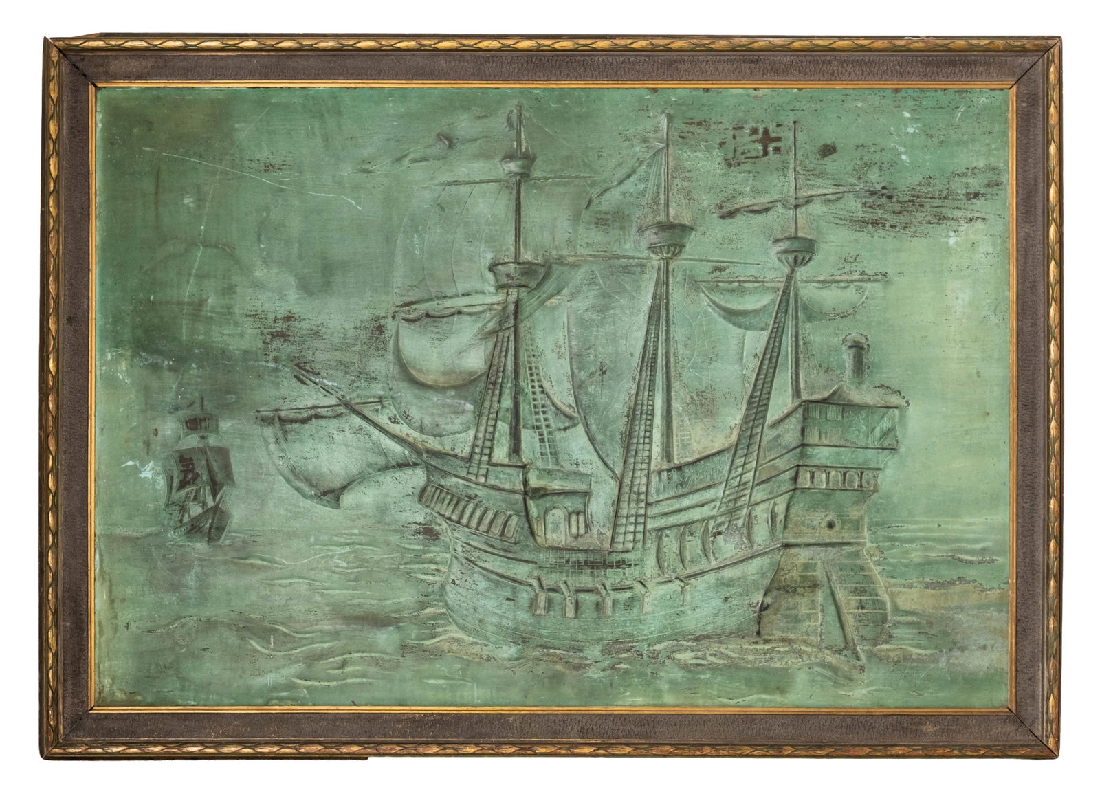 No Reserve- Arts & Crafts Large Hand Formed Patinated Copper Galleon Relief Wall Art - 5