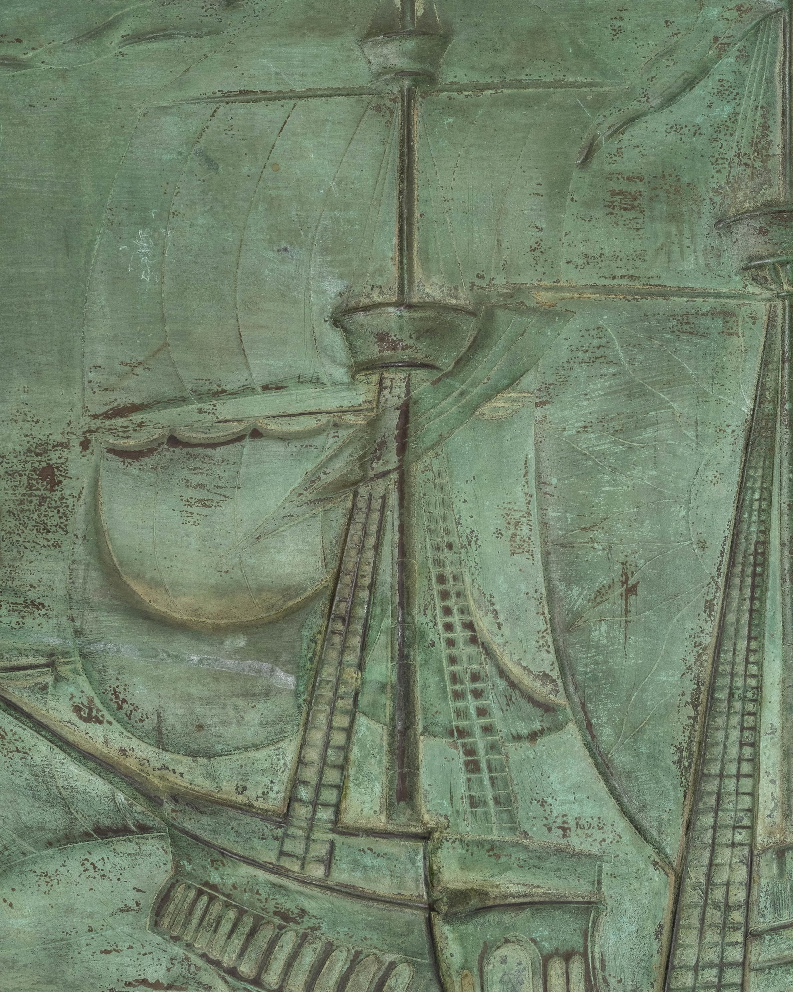 No Reserve- Arts & Crafts Large Hand Formed Patinated Copper Galleon Relief Wall Art - 7