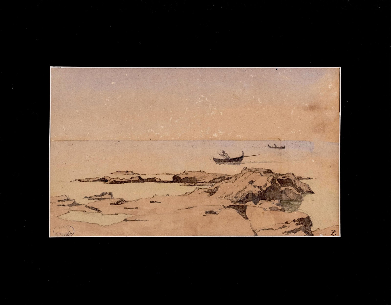 No Reserve- Victor Edmond JOINVILLE signed Seascape pen and ink painting with fishing boats - 3
