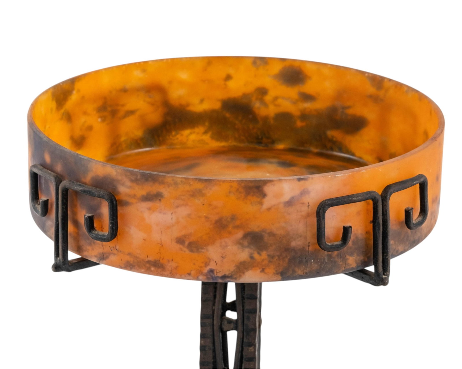 No Reserve- Art Deco Lorrain Signed Marbled Glass Bowl With Wrought Iron Stand - 3
