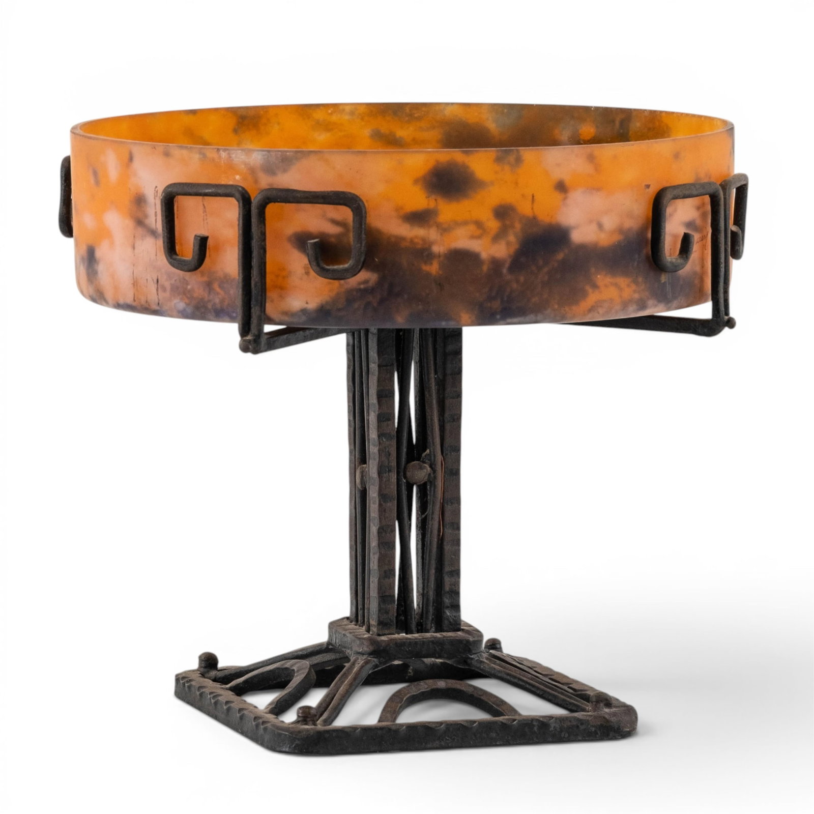 No Reserve- Art Deco Lorrain Signed Marbled Glass Bowl With Wrought Iron Stand - 4