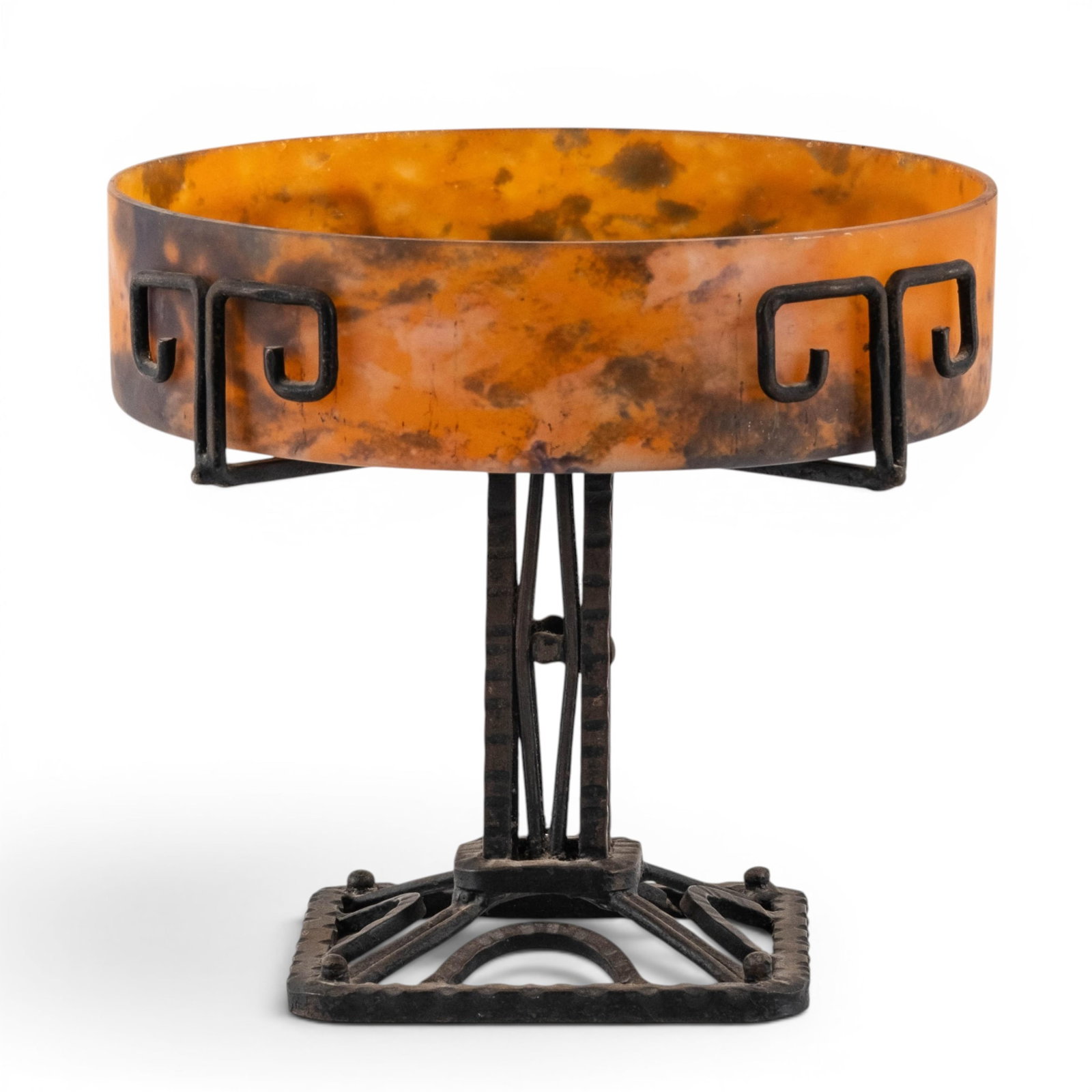 No Reserve- Art Deco Lorrain Signed Marbled Glass Bowl With Wrought Iron Stand - 7