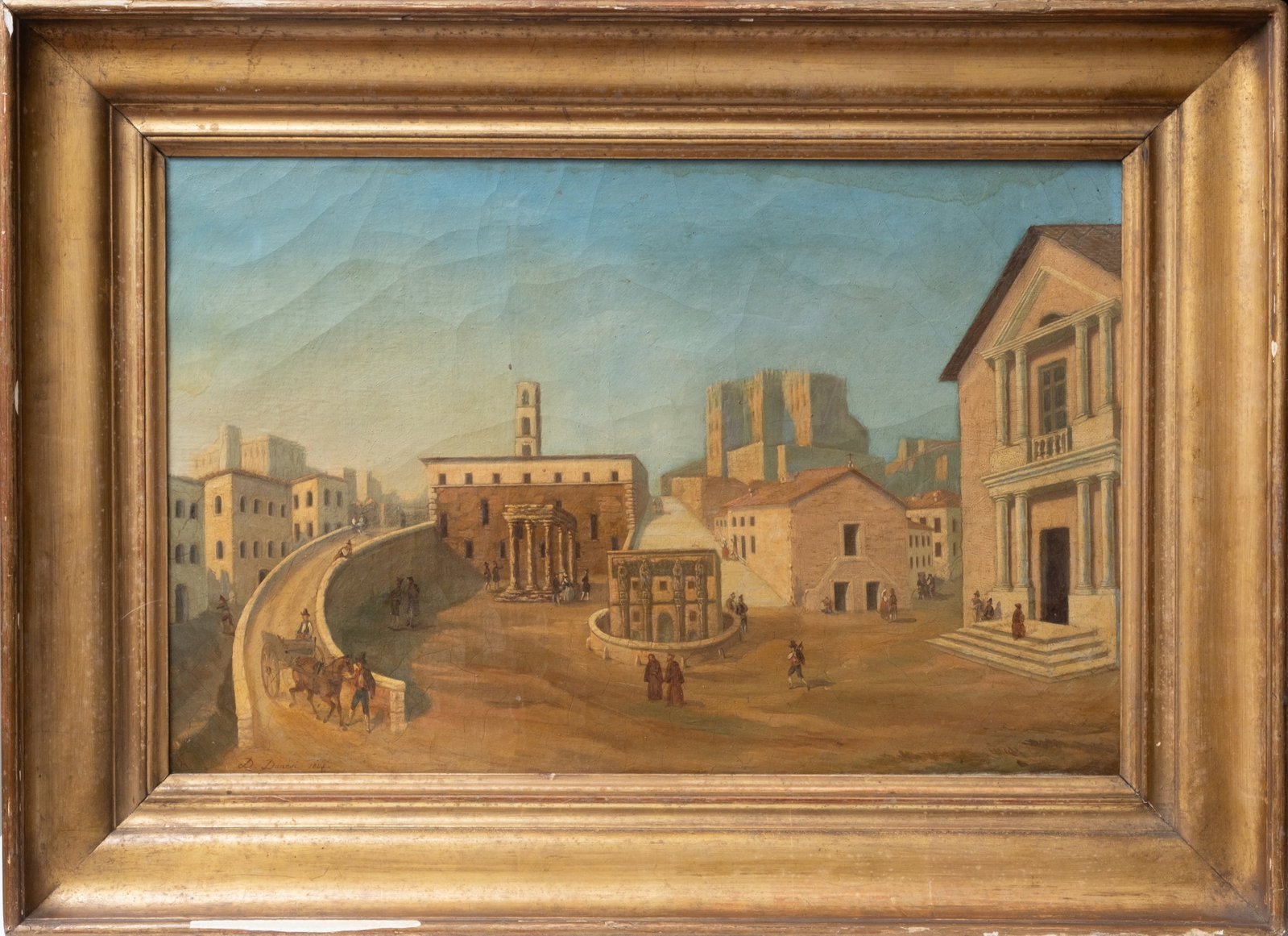 No Reserve- Dominique Danesi Signed Italian Piazza Oil on Canvas Painting, 1845 - 4