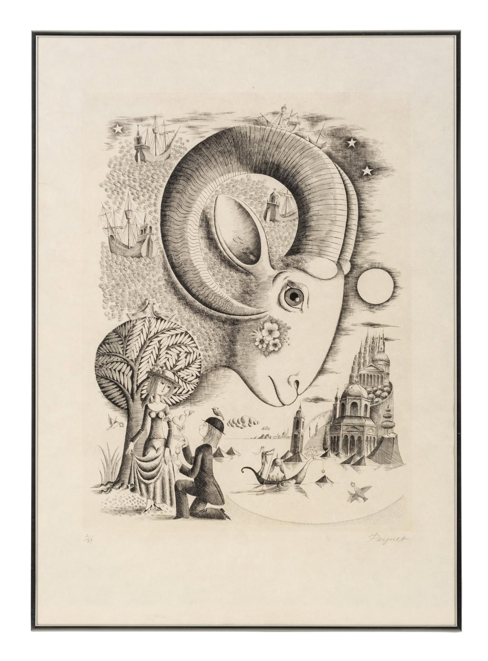 No Reserve- Raymond Peynet Signed Surrealist Etching on Japanese Paper “Le Bélier - 3