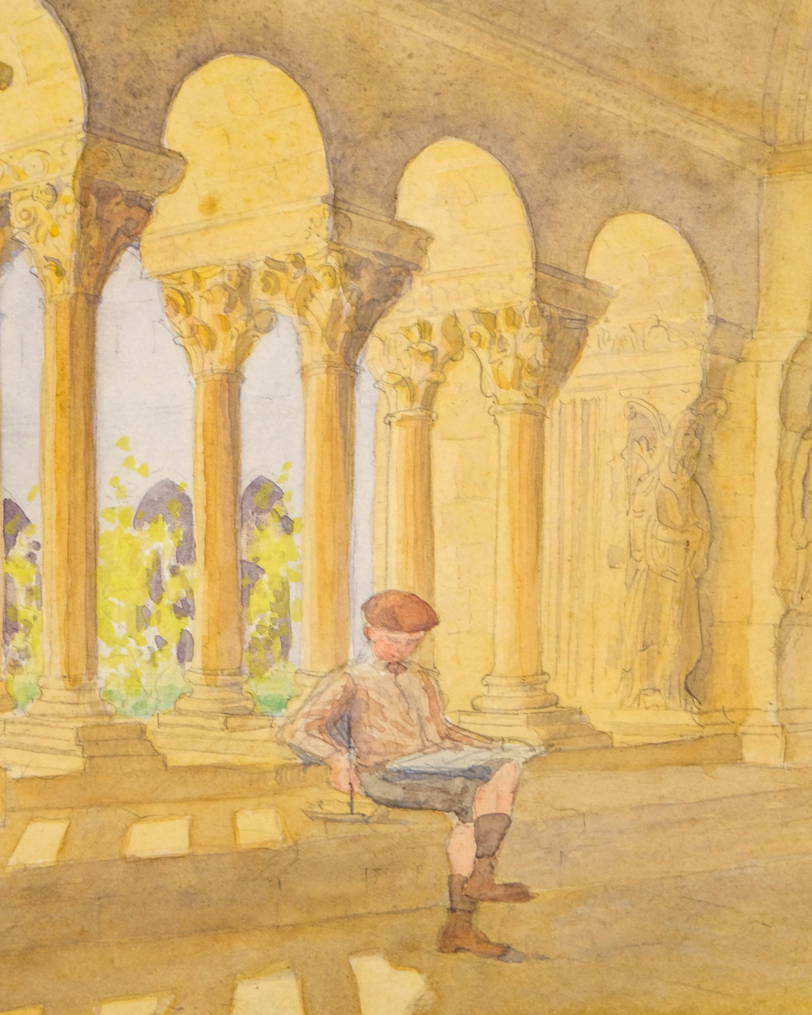 No Reserve- Mystery Artist: Architectural Watercolor Painting with Seated Figure in cloister, Circa - 5
