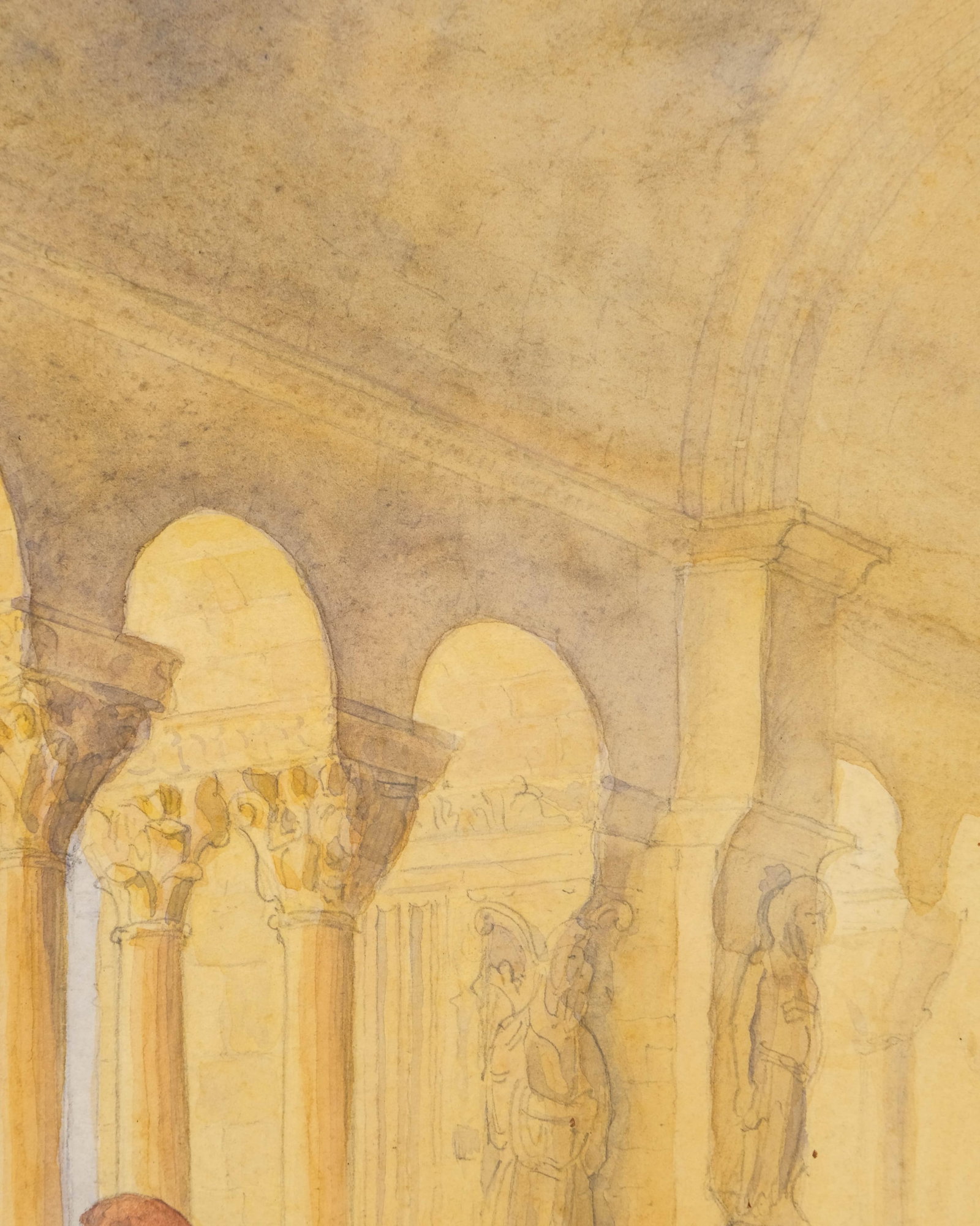 No Reserve- Mystery Artist: Architectural Watercolor Painting with Seated Figure in cloister, Circa - 6
