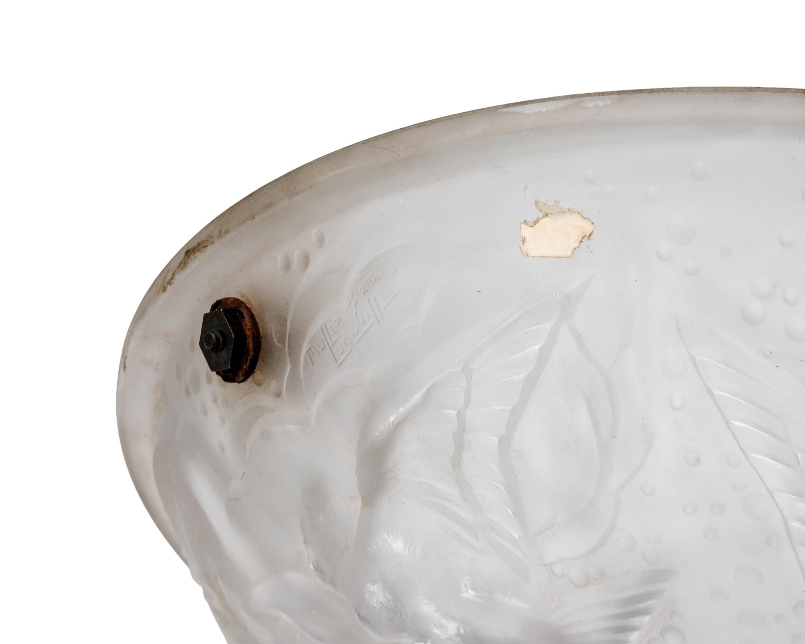 No Reserve- Muller Frères Luneville Art Deco Frosted Glass Hanging Pendant Bowl, Circa 1930, Signed - 6