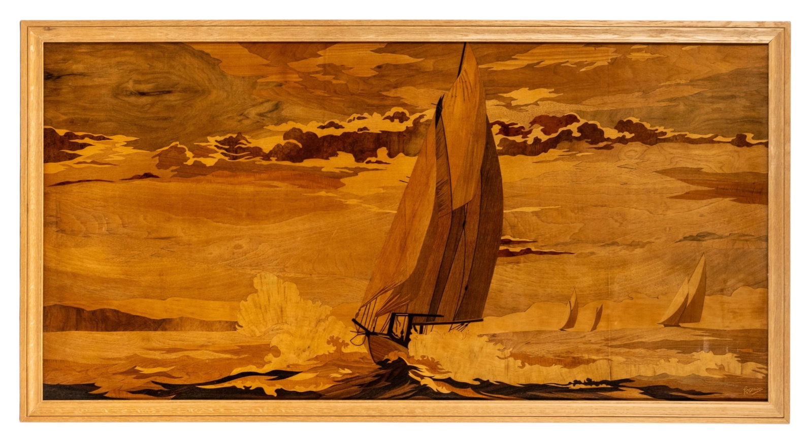 No Reserve- Pierre Rosenau Art Nouveau Sailing Race Marquetry Panel - 3