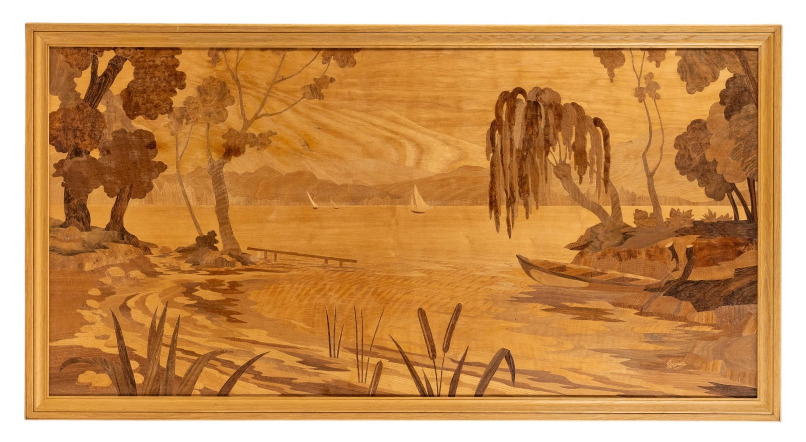 No Reserve- Pierre Rosenau Art Nouveau River Scenic Inlay Marquetry Panel circa 1910 - 3