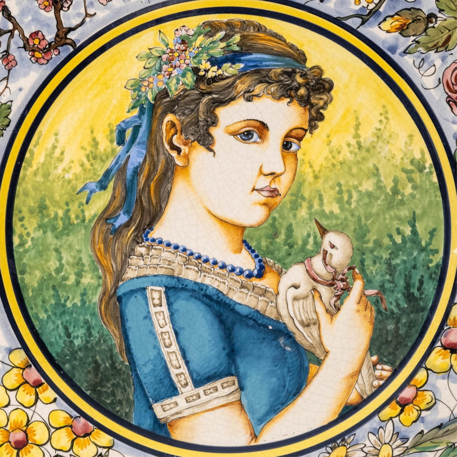 No Reserve- Italian 19-inch Art Nouveau Hand-Painted Ceramic Spring Maiden Charger, Monogram Signed, - 3