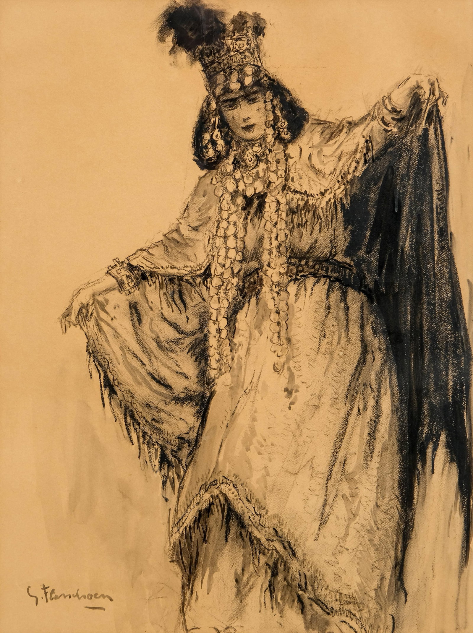 No Reserve- Gustave Flasschoen Art Nouveau Large Charcoal & Watercolor Painting, on Paper Signed: Keywords: Belgian Artist, Art Nouveau, Art Deco Era, Early 20th Century, Charcoal And Ink Wash On Paper, Figure Study, Dancer, Orientalist Costume, European Works On Paper, Fine Art Drawing, Wall Art,