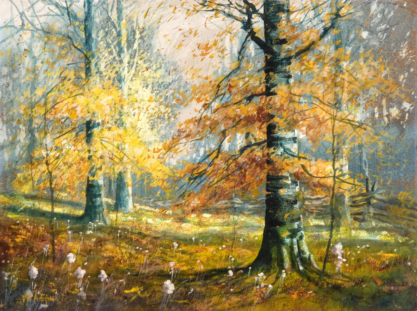 No Reserve- William A. Eyden, American, Oil & Gouache Painting, Signed: Keywords: Brown County School, Indiana Landscape, Autumn Woods, Fall Foliage, Forest Scene, Impressionism, Regionalist Art, Plein-Air Brushwork, Midwest Art, Woodland Light, Works On Canvas, Picture, 