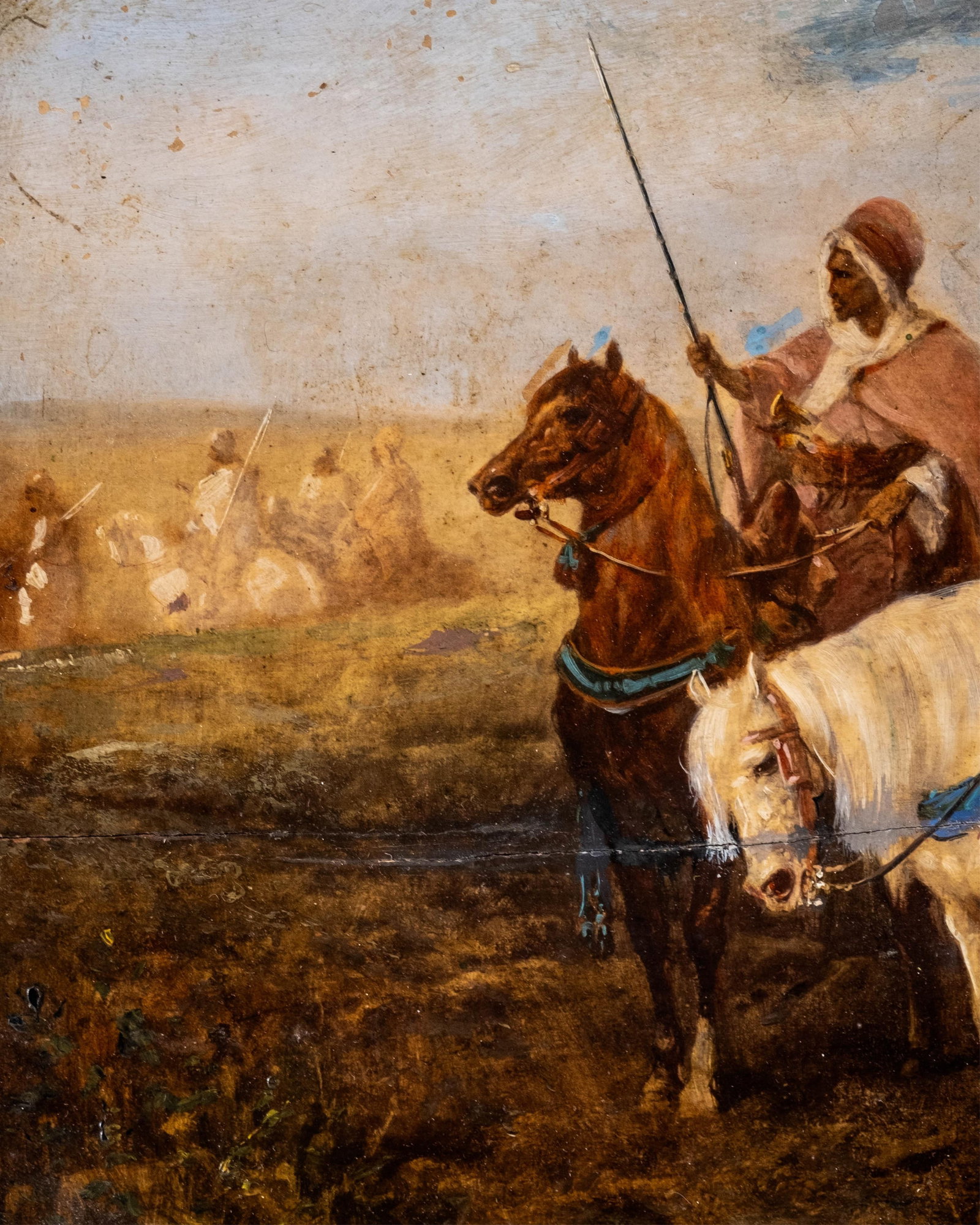 No Reserve- Arab Horsemen Orientalist Oil On Mahogany Panel signed Schreye? - 5