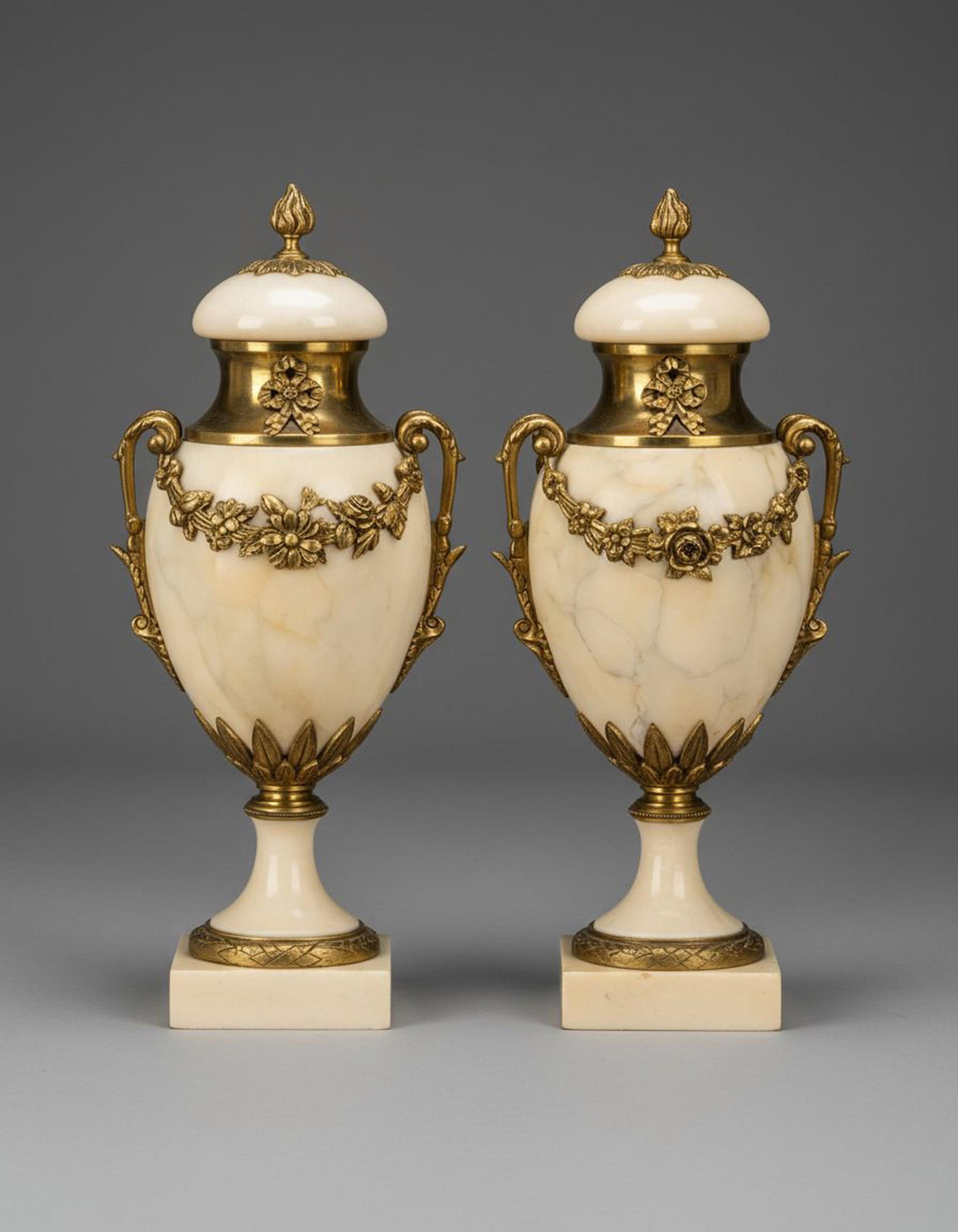 No Reserve- Pair of French Neoclassical Onyx and Gilt Bronze Cassolette Urns, 19th Century: Keywords: Cassolette, Mantel Garniture, Ormolu Mounts, Floral Festoons, Neoclassical Interior, French Decorative Arts, Antique Urns, Architectural Accessory, Luxury Décor, 19th Century Design Summary