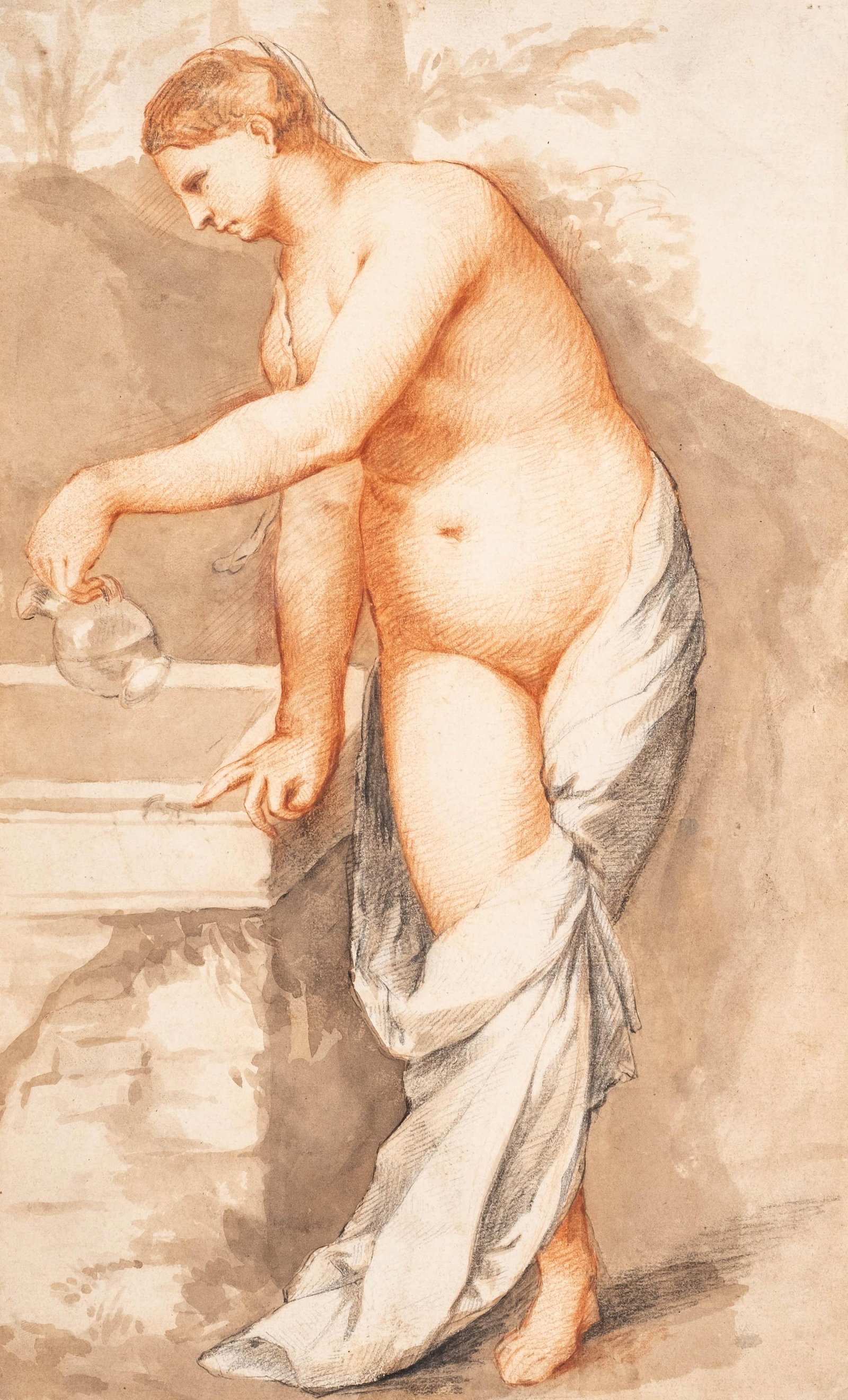 No Reserve- 17th/18th Century After Giorgione ‘Nymph at a Fountain’ Old Master Drawing (1 of 8)