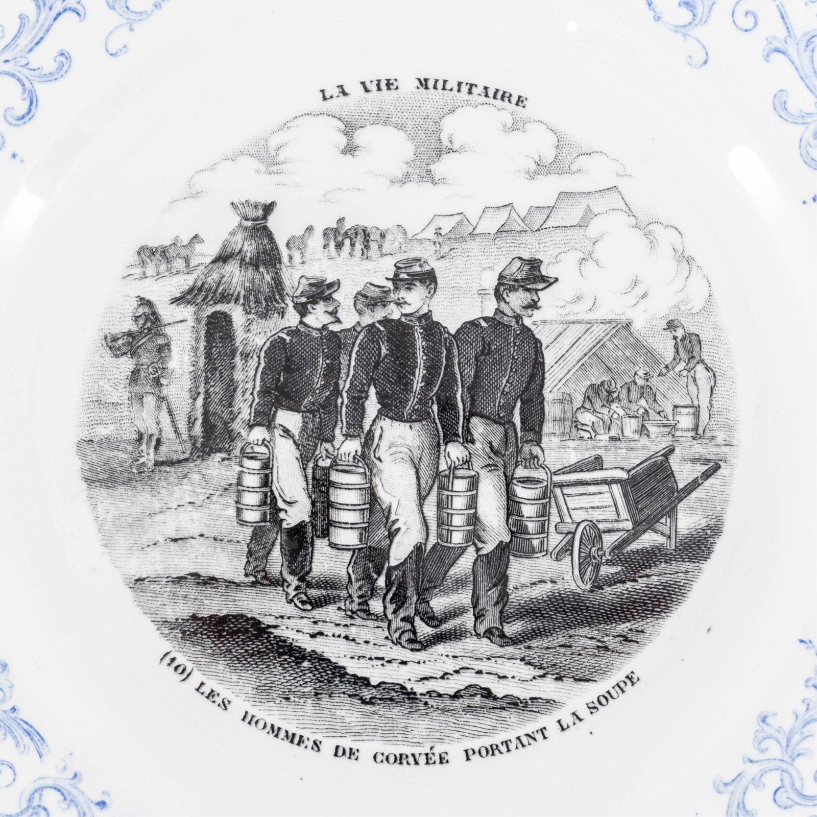 No Reserve- 19th Century French Sarreguemines Faience “La Vie Militaire" Talking Plates, - 2