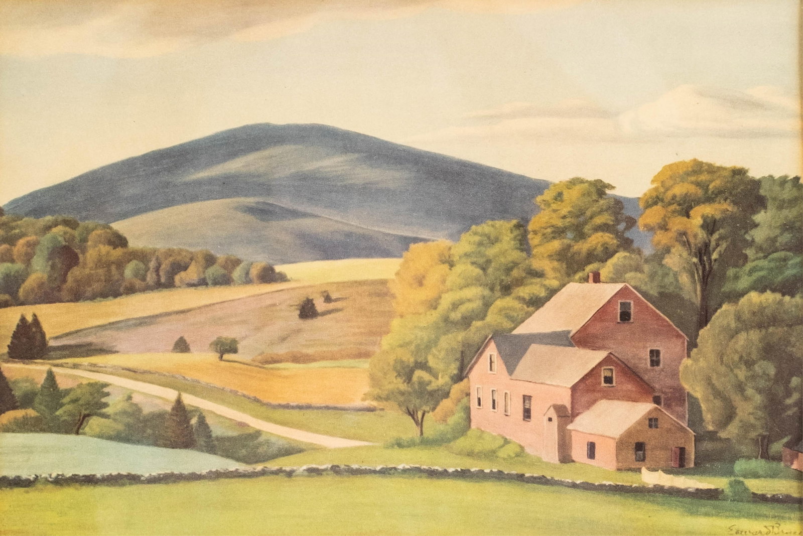 No Reserve- Edward Bruce Lithograph Print 'Farm Near Weston' 1930s: Keywords: American Landscape Print, Rural Scene, Farmhouse, Mountain View, Country Road, Pastoral Landscape, Signed Lower Right, Color Print, Framed Print, Rustic Architecture, Autumn Trees, Scenic La