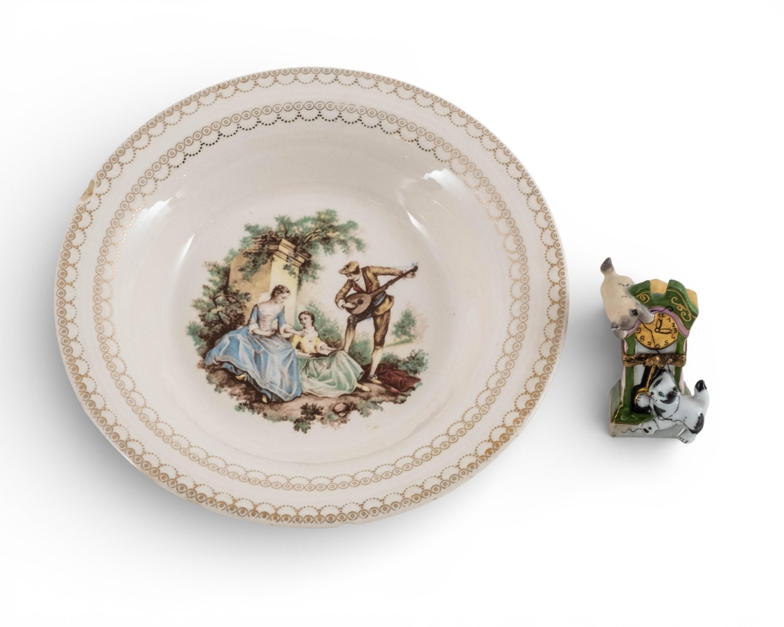 No Reserve- Limoges Porcelain Two-Piece Lot: Cat Clock Trinket Box and Serenade Plate (1 of 9)