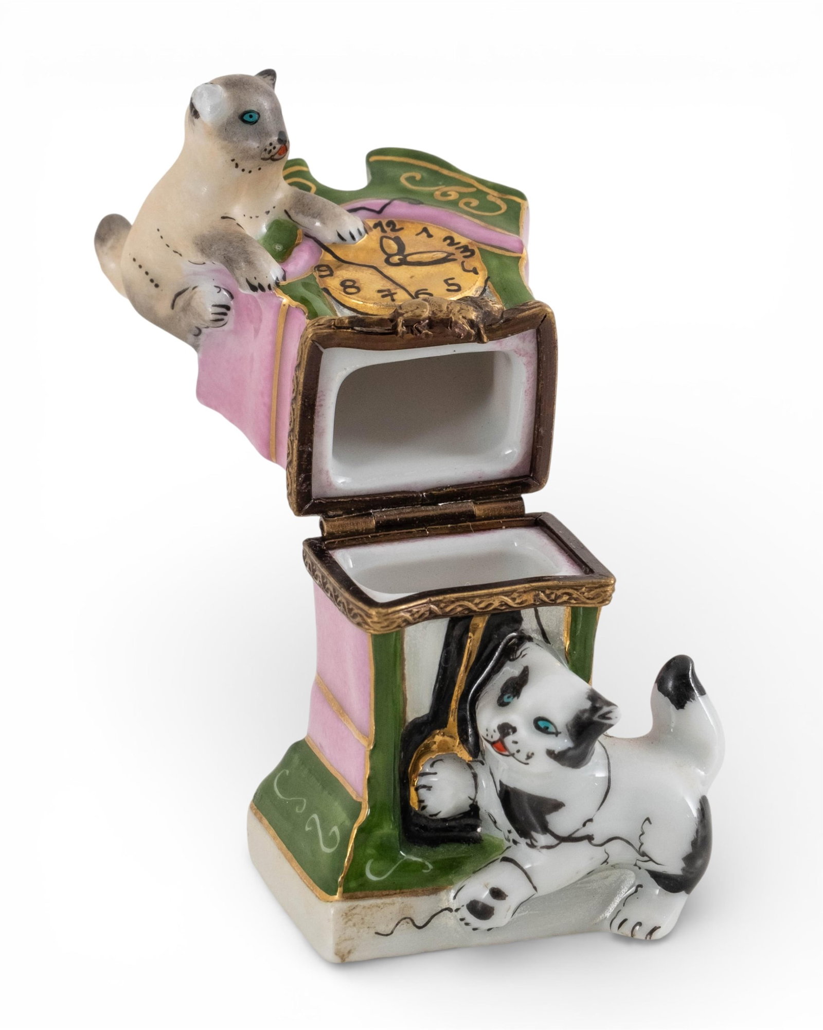 No Reserve- Limoges Porcelain Two-Piece Lot: Cat Clock Trinket Box and Serenade Plate - 7