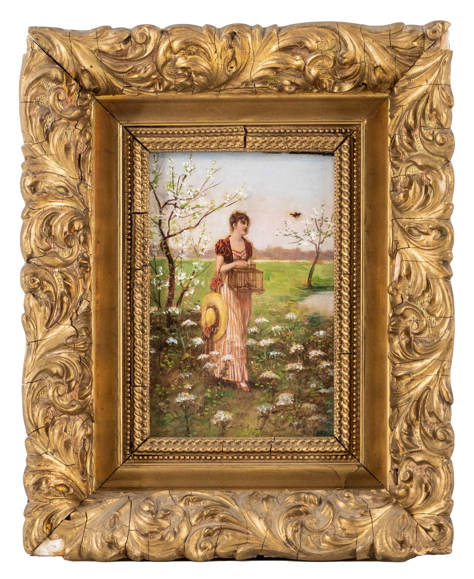 No Reserve- Antique Figural Oil On Board Painting In Gilt Frame Signed on reverse label Semenowsky? - 3