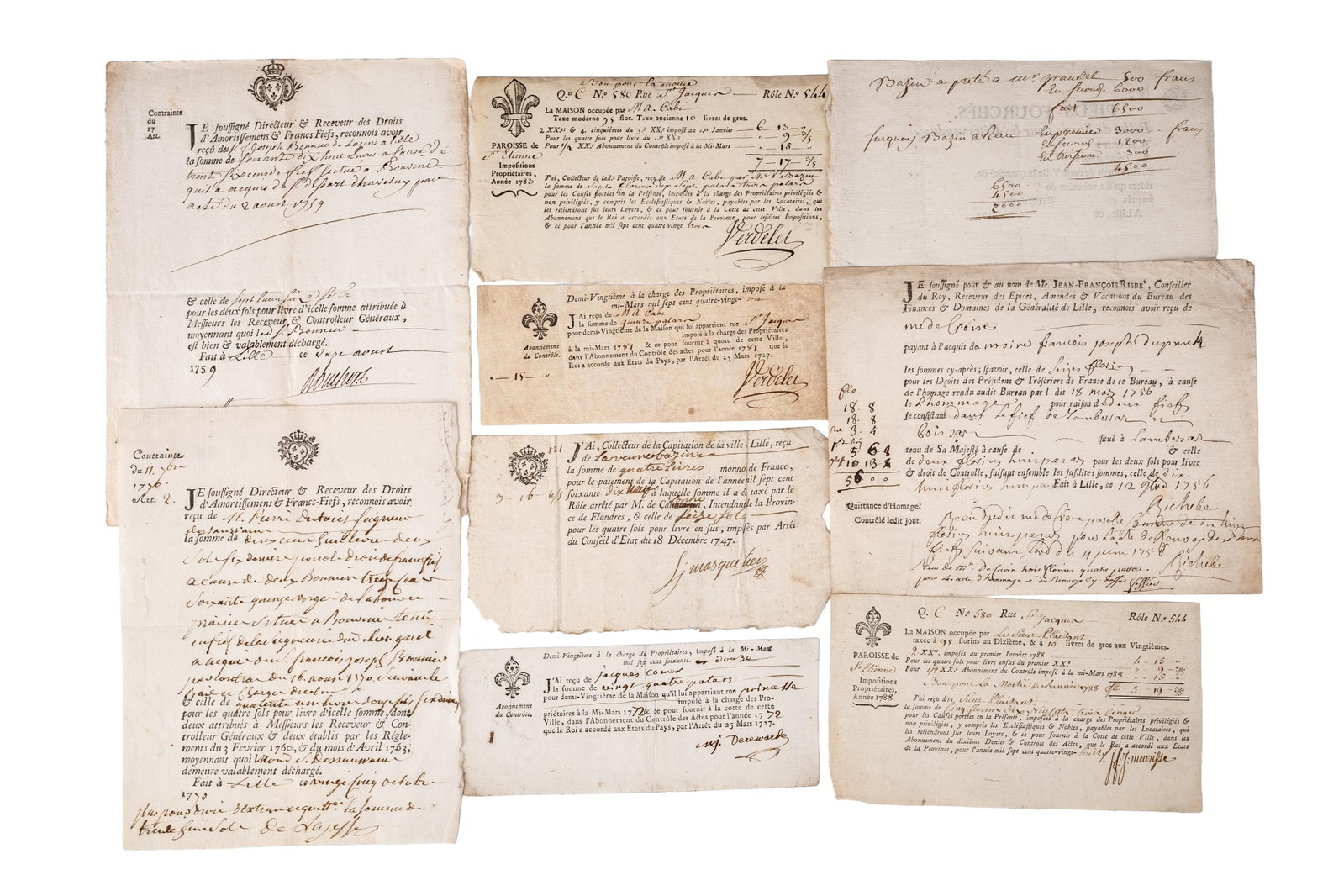 No Reserve- Group of Nine 18th Century French Ancien Régime Tax Documents, Lille, 1756-1788 (1 of 10)