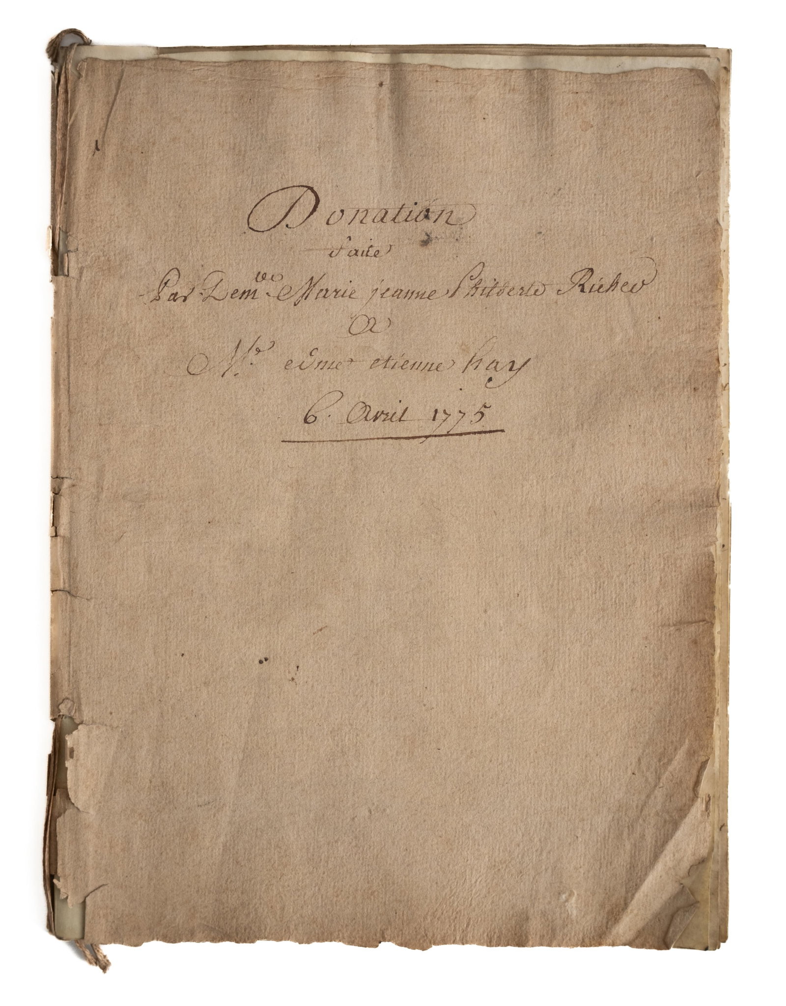No Reserve- Signed 1775 French Notarial Donation Manuscript, Marie Jeanne Philiberte Richer to: Keywords: Legal Archive, Estate Inventory, Property Transfer, Fiscal Stamps, Laid Paper, Manuscript Folio, Genealogical Record, 18th Century France, Land Holdings Summary: An extensive original French