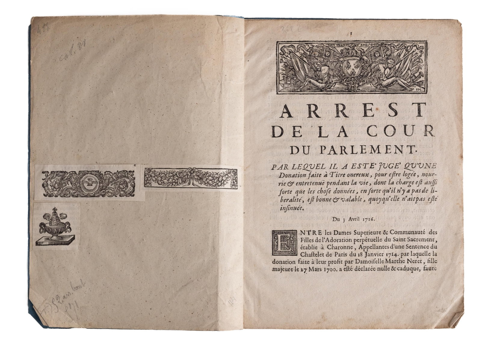 No Reserve- 1716 French Parliament Court Decision on Religious Donation, Paris Legal Pamphlet (1 of 7)